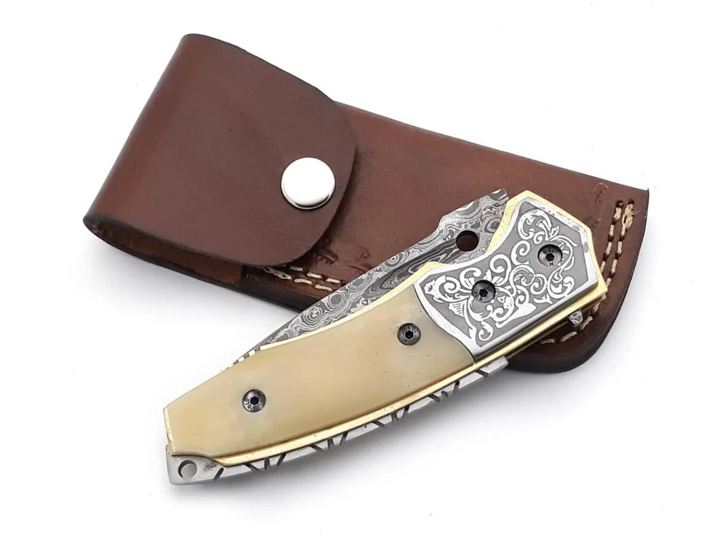 Trailblazer Damascus Pocket Knife with Bone Handle - Image 8