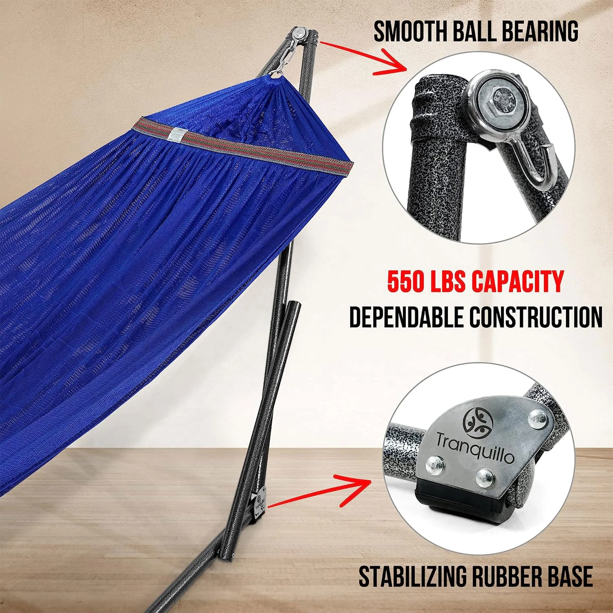 Tranquillo Universal 106.5" Double Hammock with Adjustable Stand and Bag, Blue - Image 8