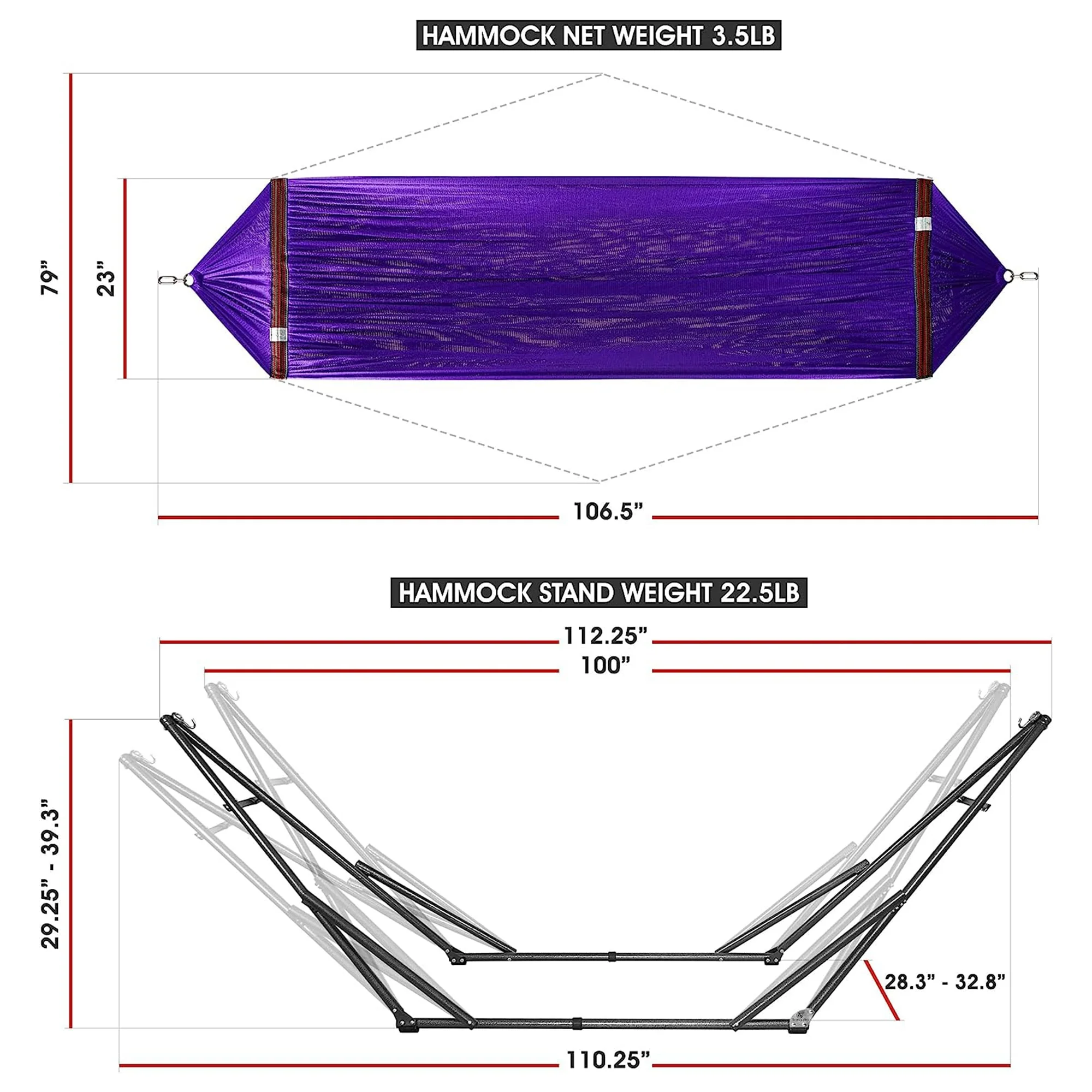 Tranquillo Universal 106.5" Double Hammock with Adjustable Stand and Bag, Purple - Image 7