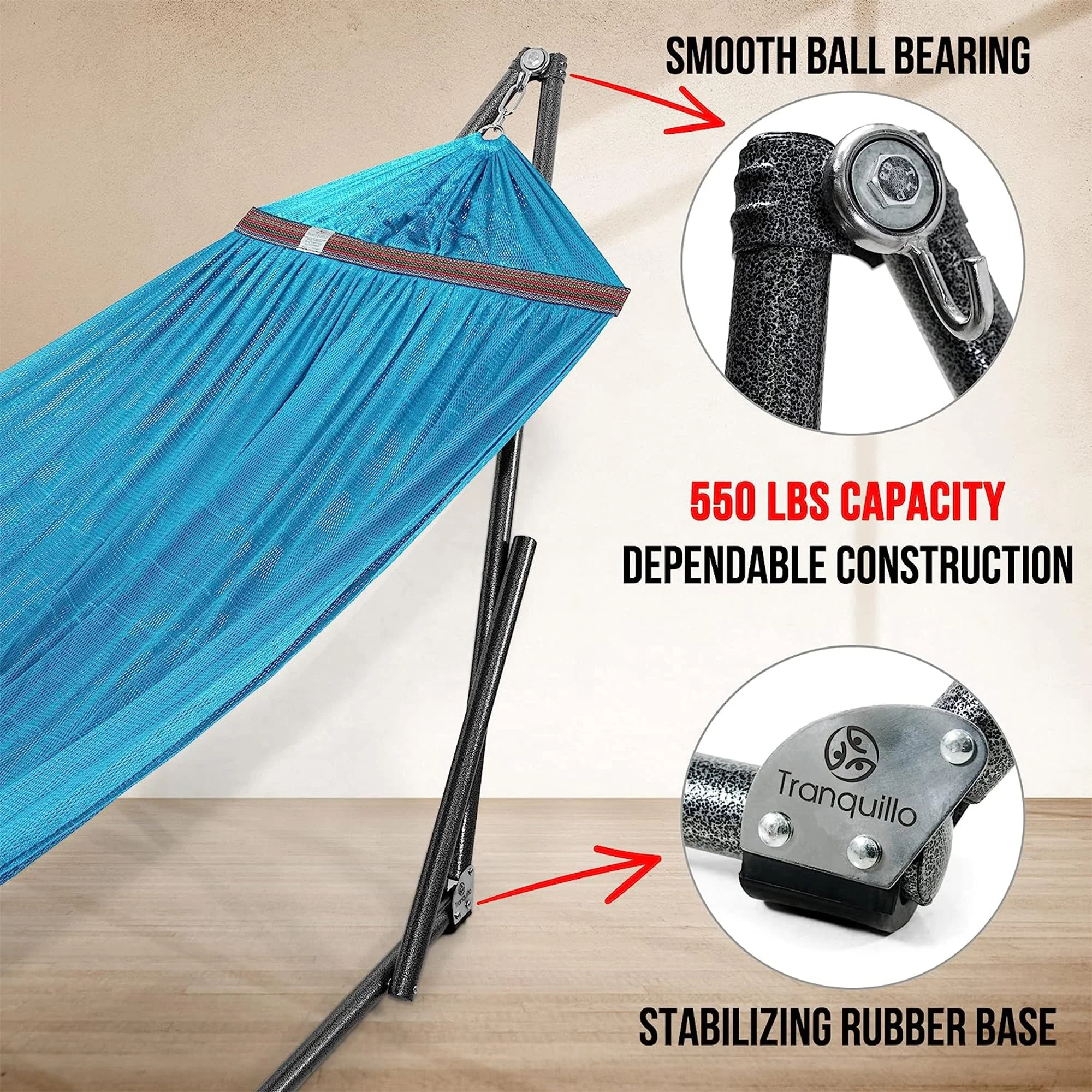 Tranquillo Universal 106.5" Double Hammock with Adjustable Stand and Bag, Sky - Image 8