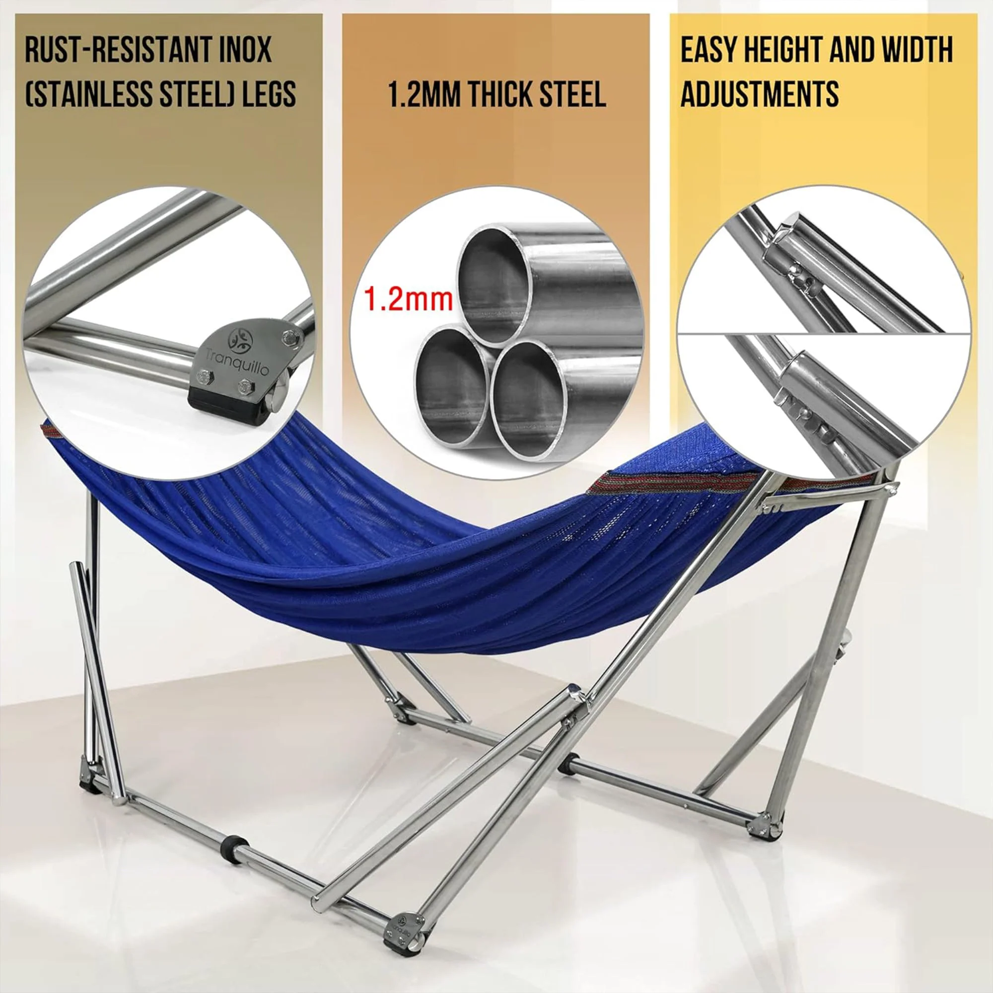 Tranquillo Universal 106" Double Hammock with Adjustable Stand and Bag, Blue - Image 3