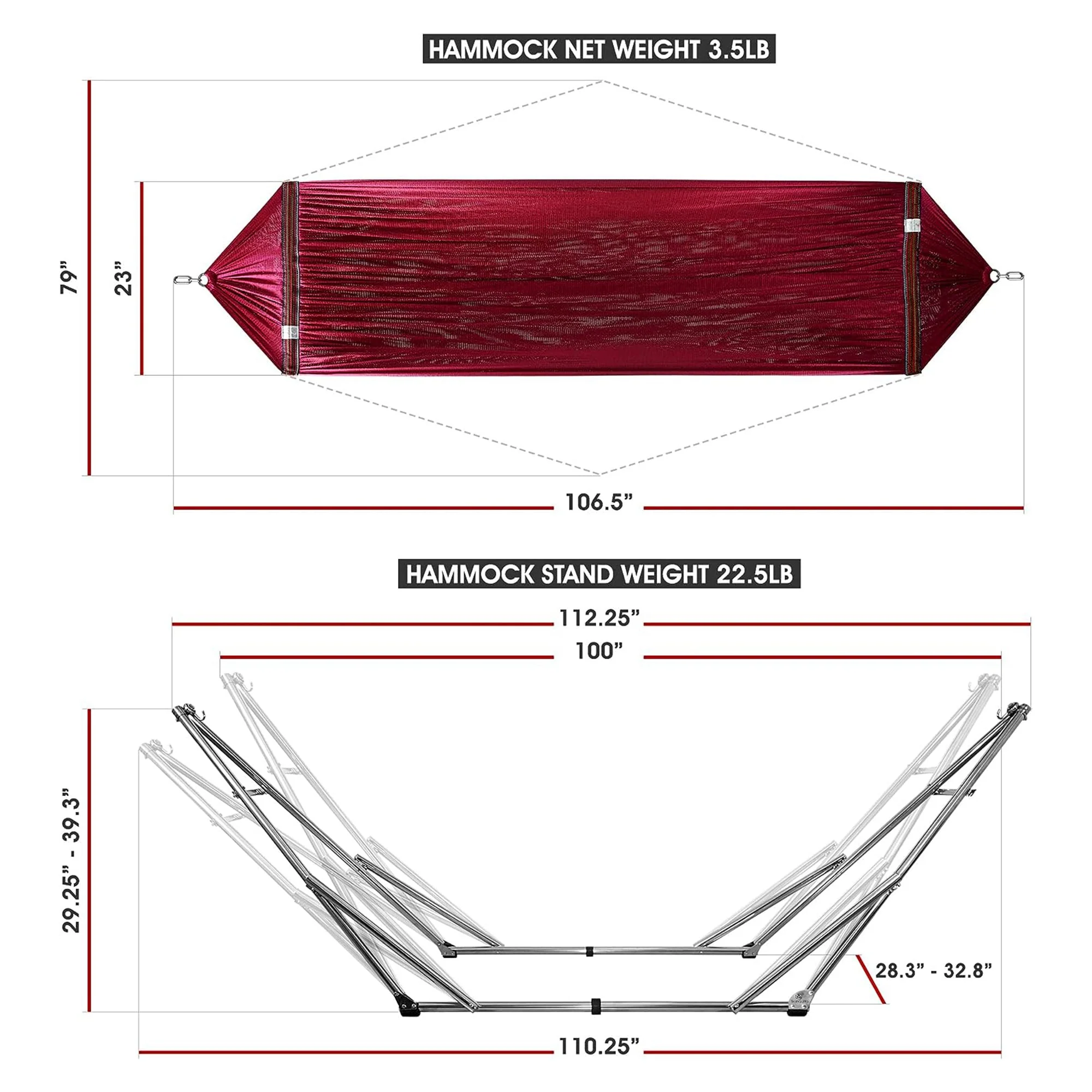 Tranquillo Universal 106" Double Hammock with Adjustable Stand and Bag, Red - Image 2