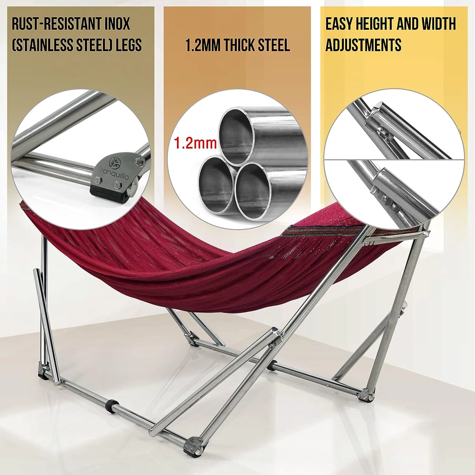 Tranquillo Universal 106" Double Hammock with Adjustable Stand and Bag, Red - Image 3
