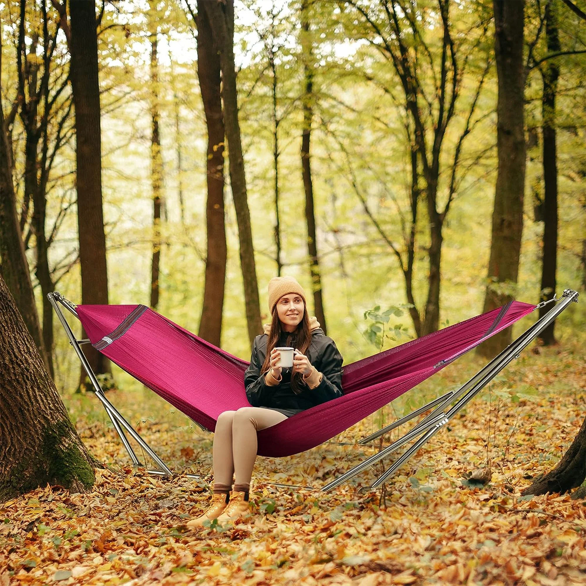 Tranquillo Universal 106" Double Hammock with Adjustable Stand and Bag, Red - Image 7