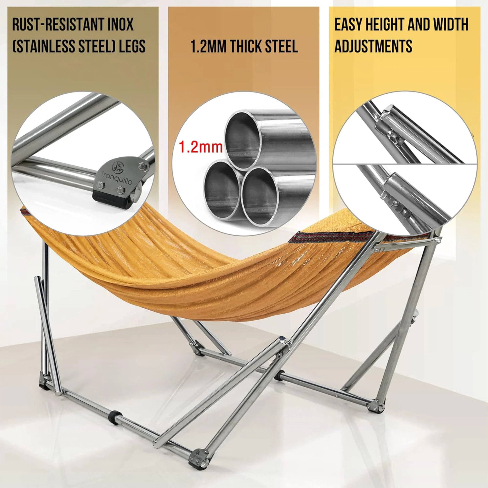 Tranquillo Universal 106" Double Hammock with Adjustable Stand and Bag, Yellow - Image 3