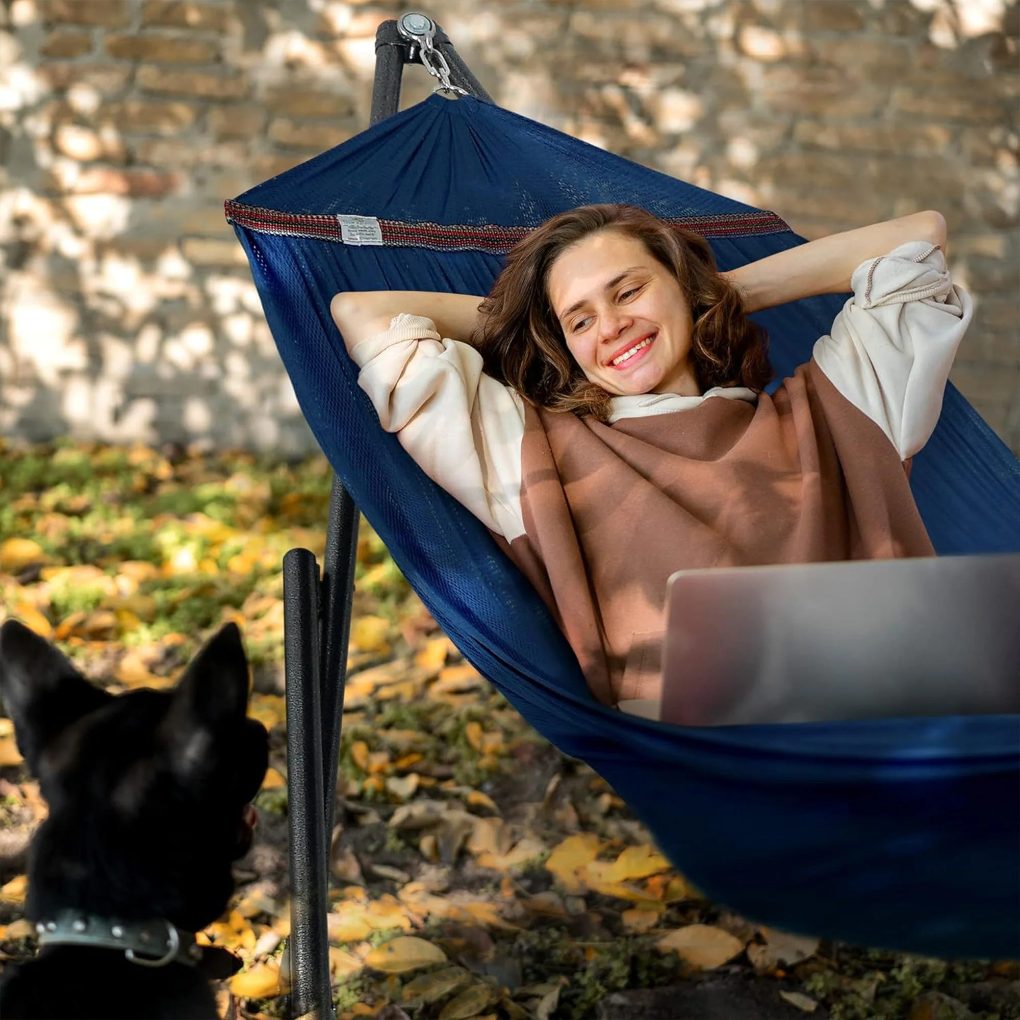 Tranquillo Universal 116" Double Hammock with Adjustable Stand and Bag, Aegean - Image 6