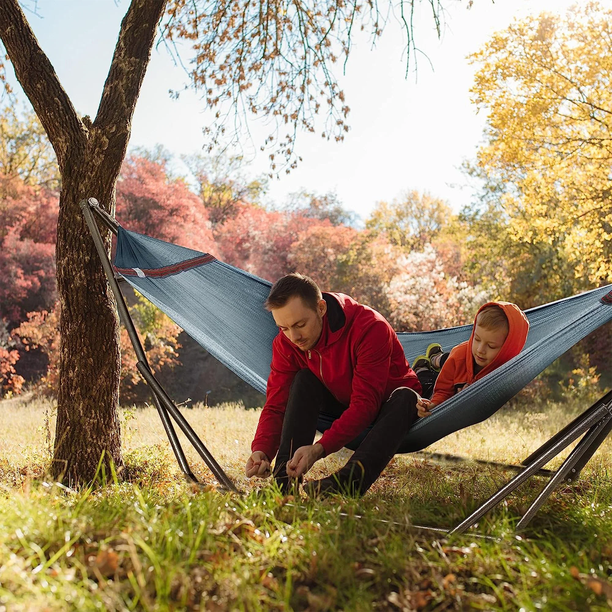 Tranquillo Universal 116" Double Hammock with Adjustable Stand and Bag, Gray - Image 10