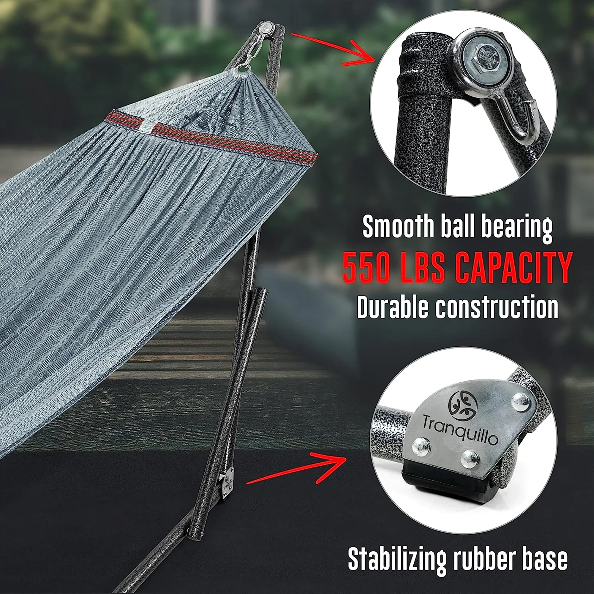Tranquillo Universal 116" Double Hammock with Adjustable Stand and Bag, Gray - Image 8