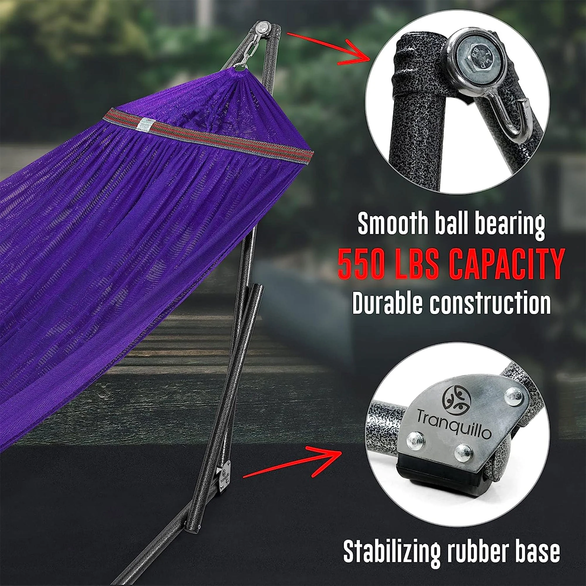 Tranquillo Universal 116" Double Hammock with Adjustable Stand and Bag, Purple - Image 7