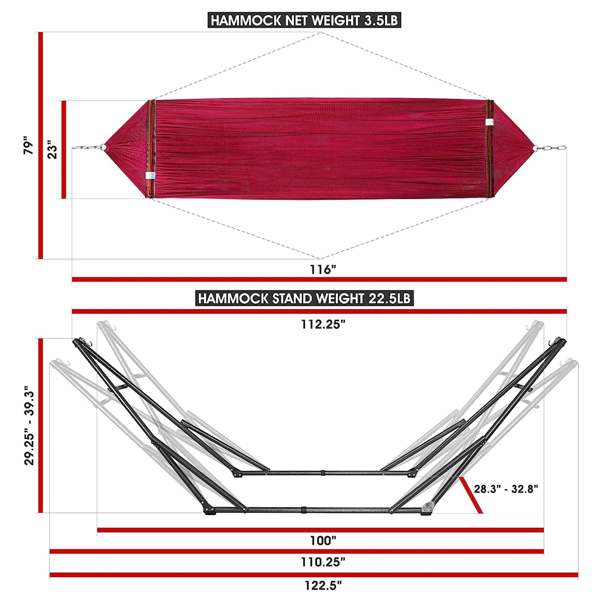 Tranquillo Universal 116" Double Hammock with Adjustable Stand and Bag, Red - Image 7