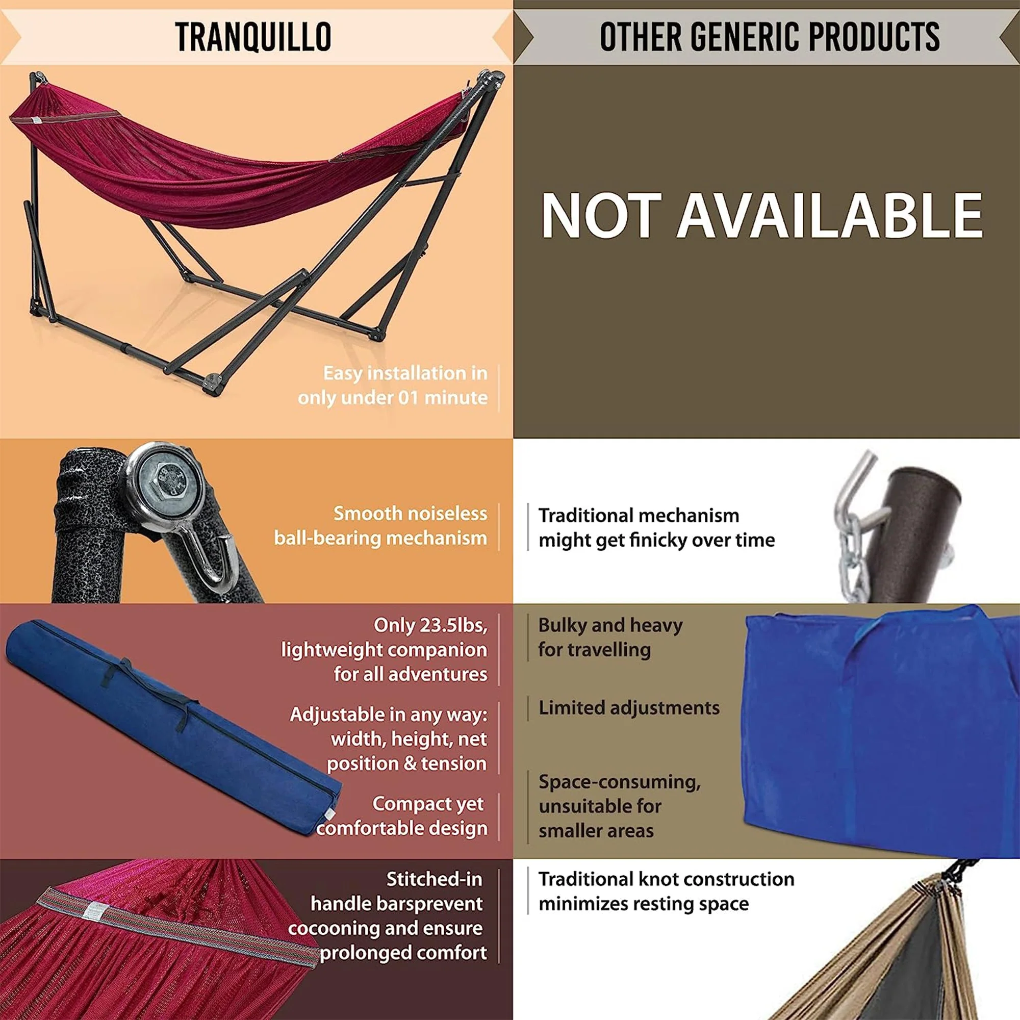 Tranquillo Universal 116" Double Hammock with Adjustable Stand and Bag, Red - Image 9