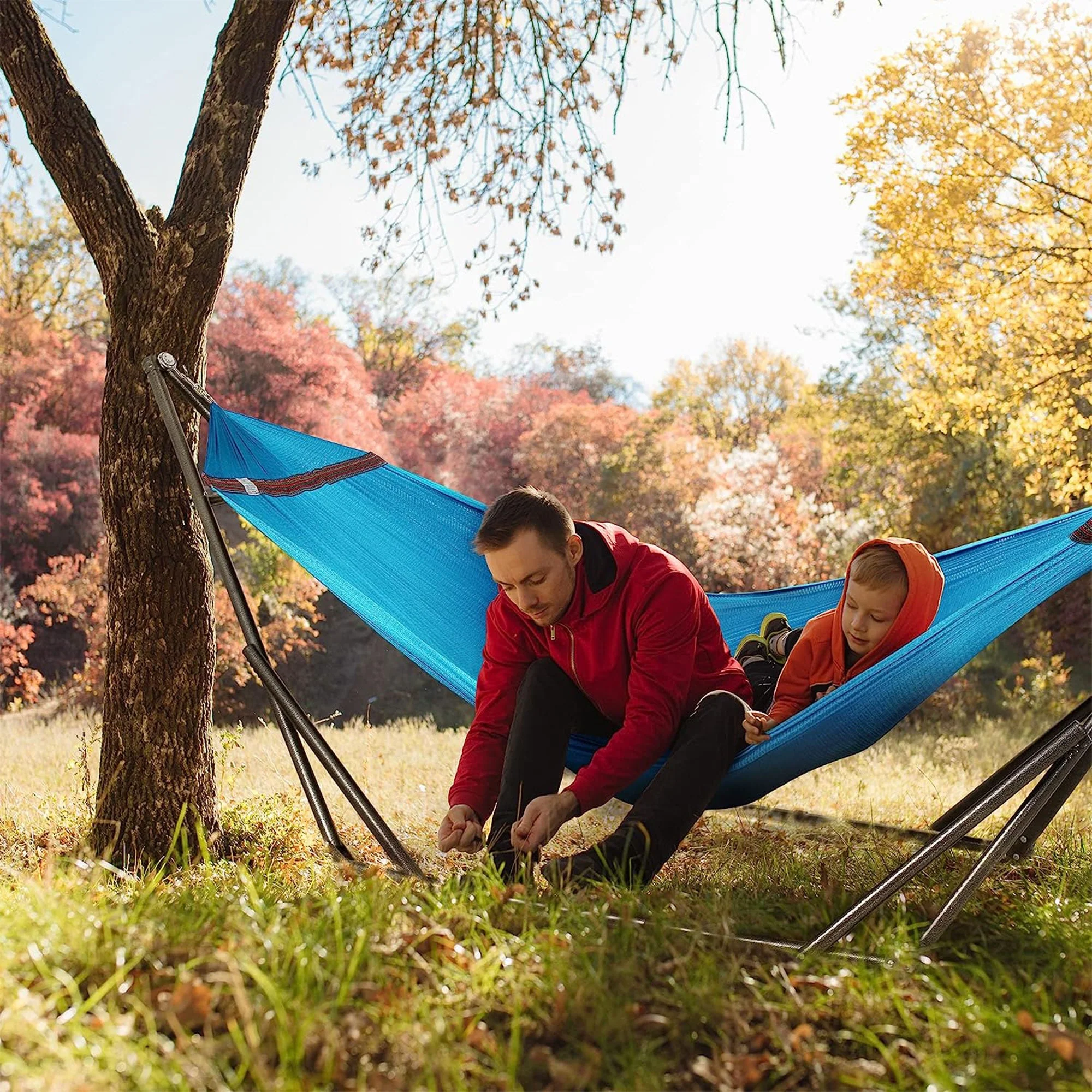 Tranquillo Universal 116" Double Hammock with Adjustable Stand and Bag, Sky Blue - Image 11
