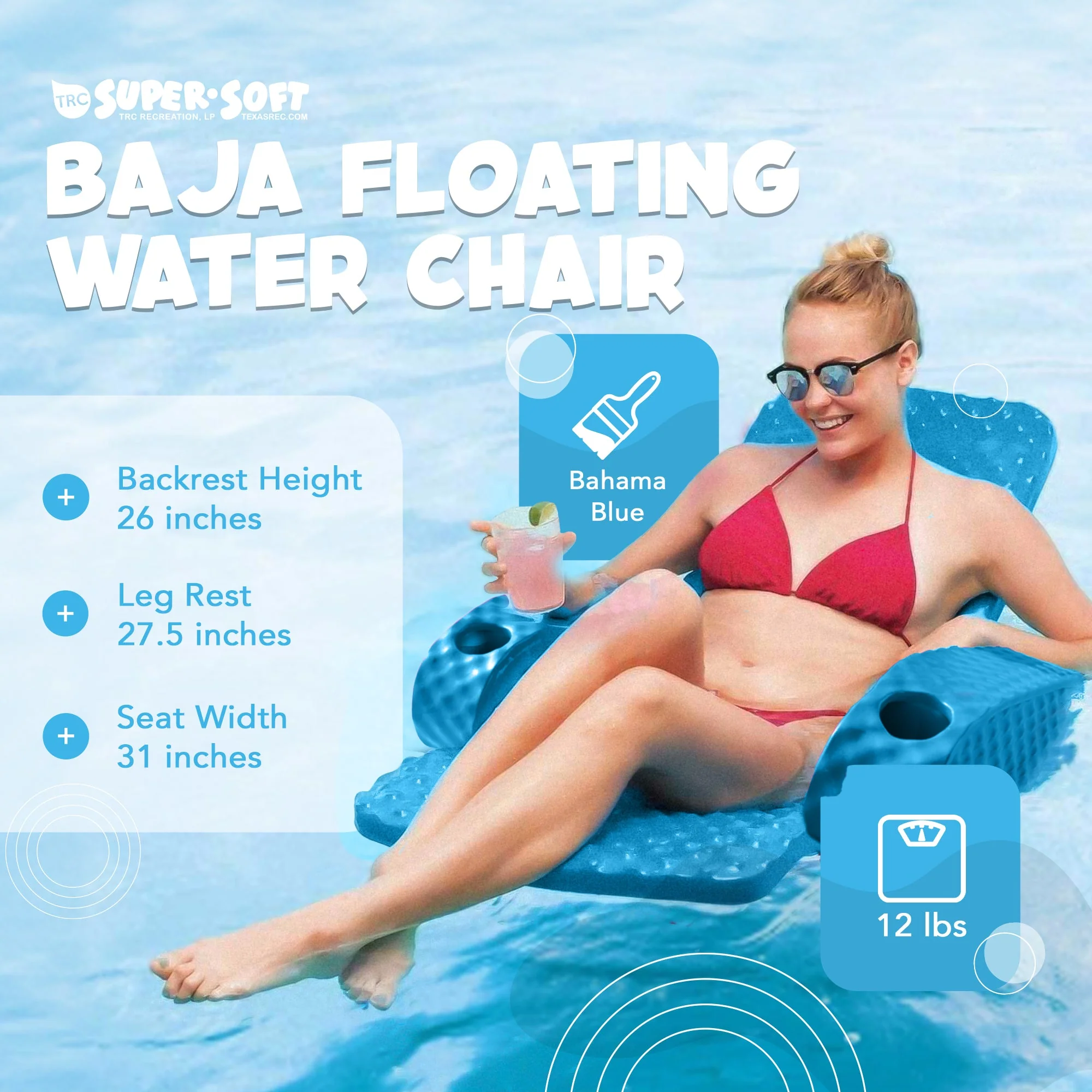 TRC Recreation Folding Baja Chair Swimming Pool Float Armchair, Marina Blue - Image 2