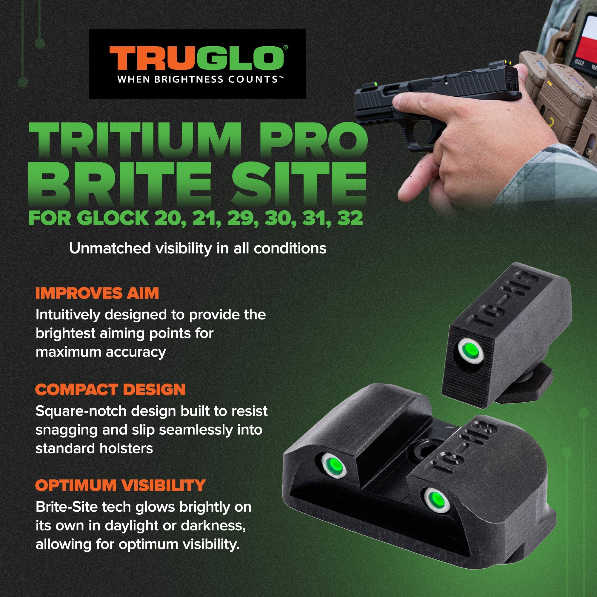 TruGlo Tritium Pro Brite Site High Set Glock Handgun Sight, Glock 20, 21, 29, 30 - Image 2