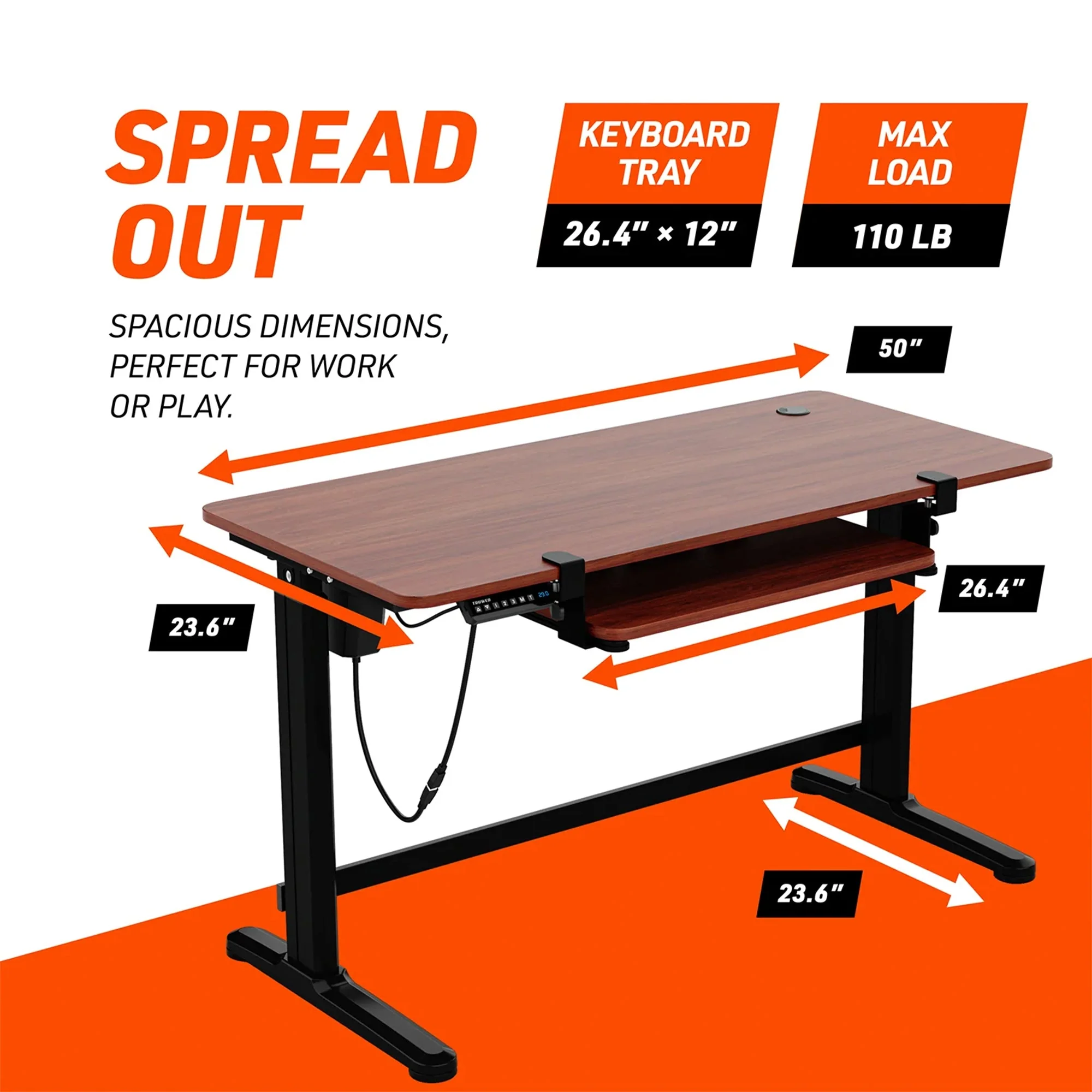 Truweo Adjustable Electric Standing Desk Tabletop w/Sliding Keyboard Tray, Brown - Image 8