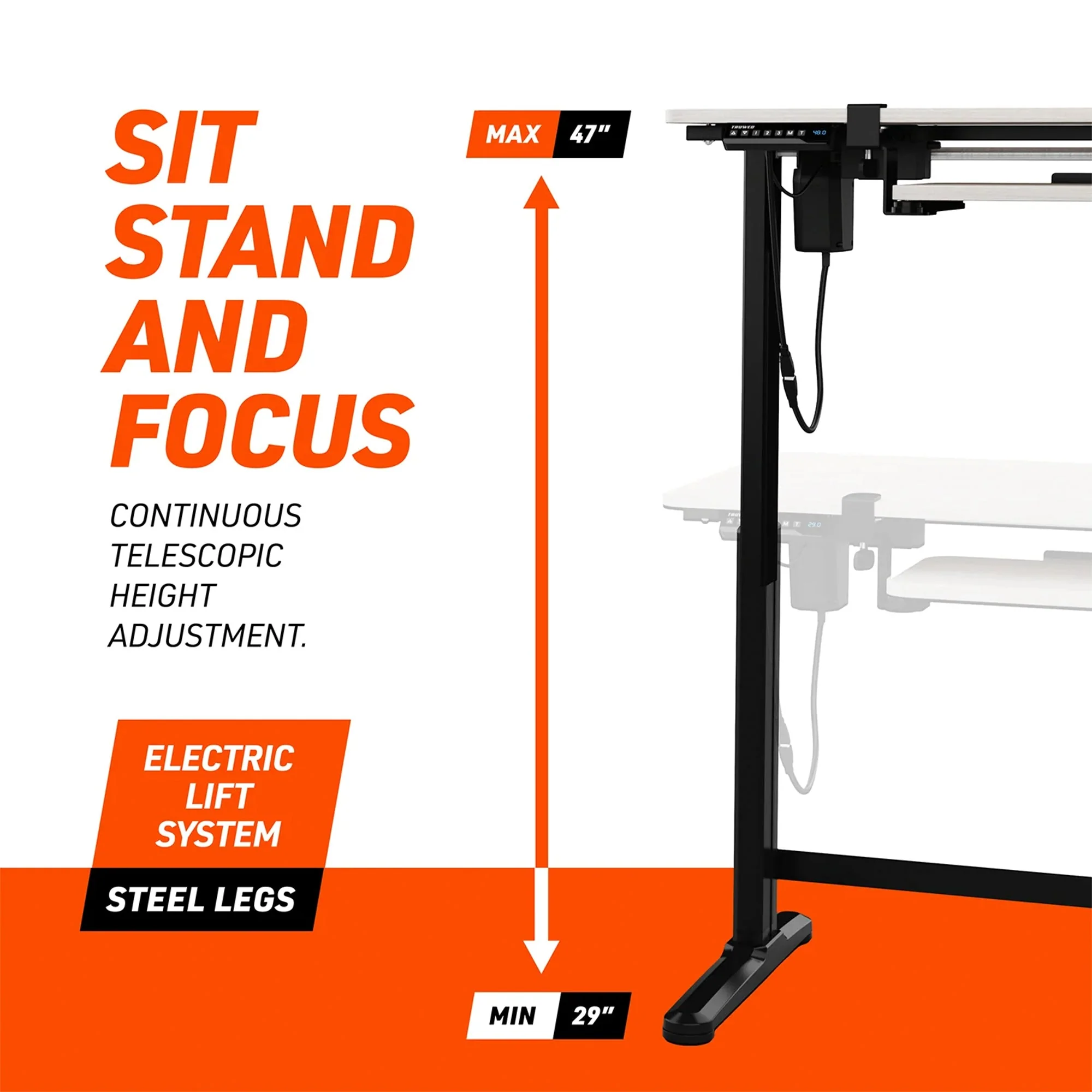 Truweo Adjustable Electric Standing Desk Tabletop w/Sliding Keyboard Tray, Gray - Image 6