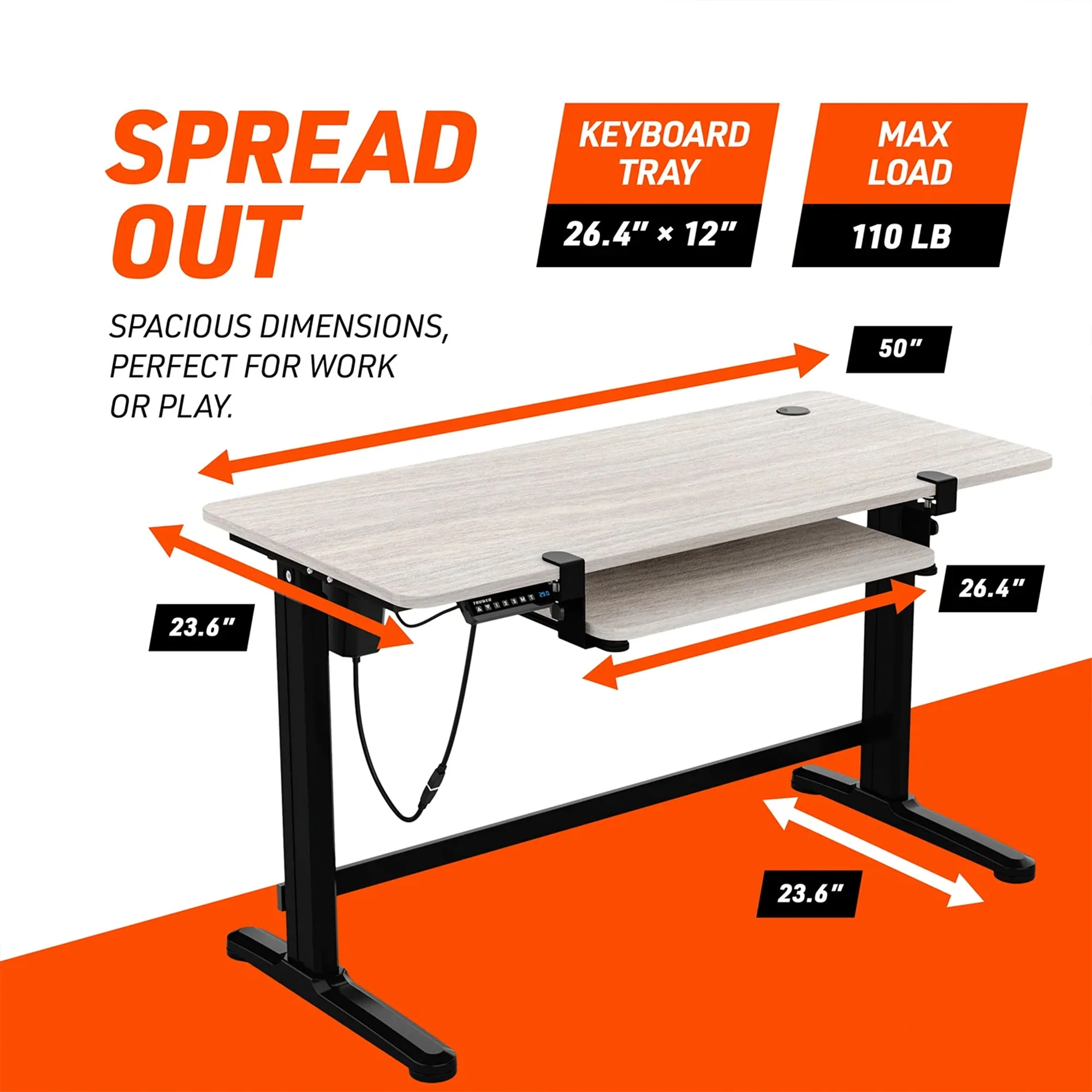 Truweo Adjustable Electric Standing Desk Tabletop w/Sliding Keyboard Tray, Gray - Image 8