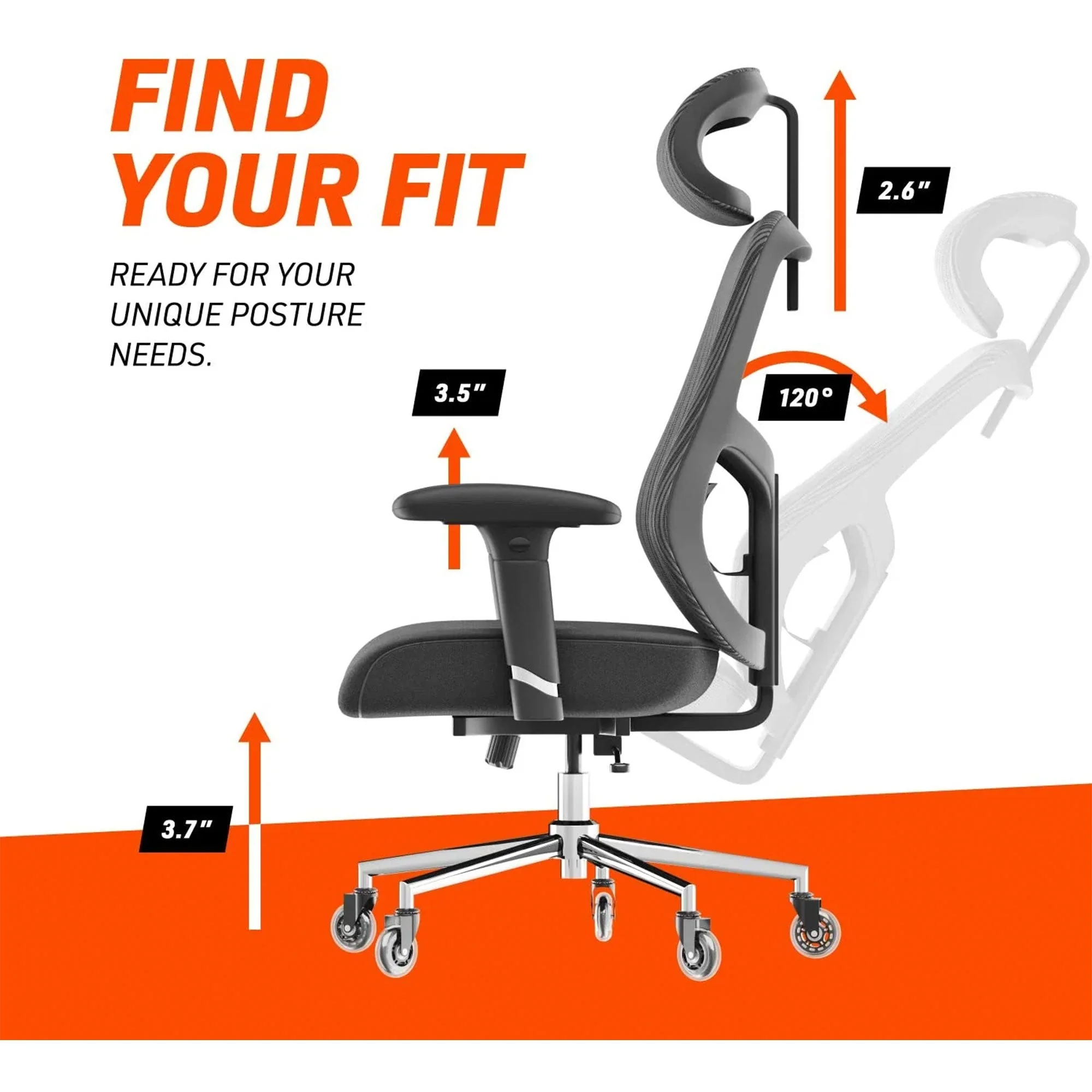 Truweo Adjustable Ergonomic Office Chair w/ Swivel Rollerblade Wheels, Black - Image 6
