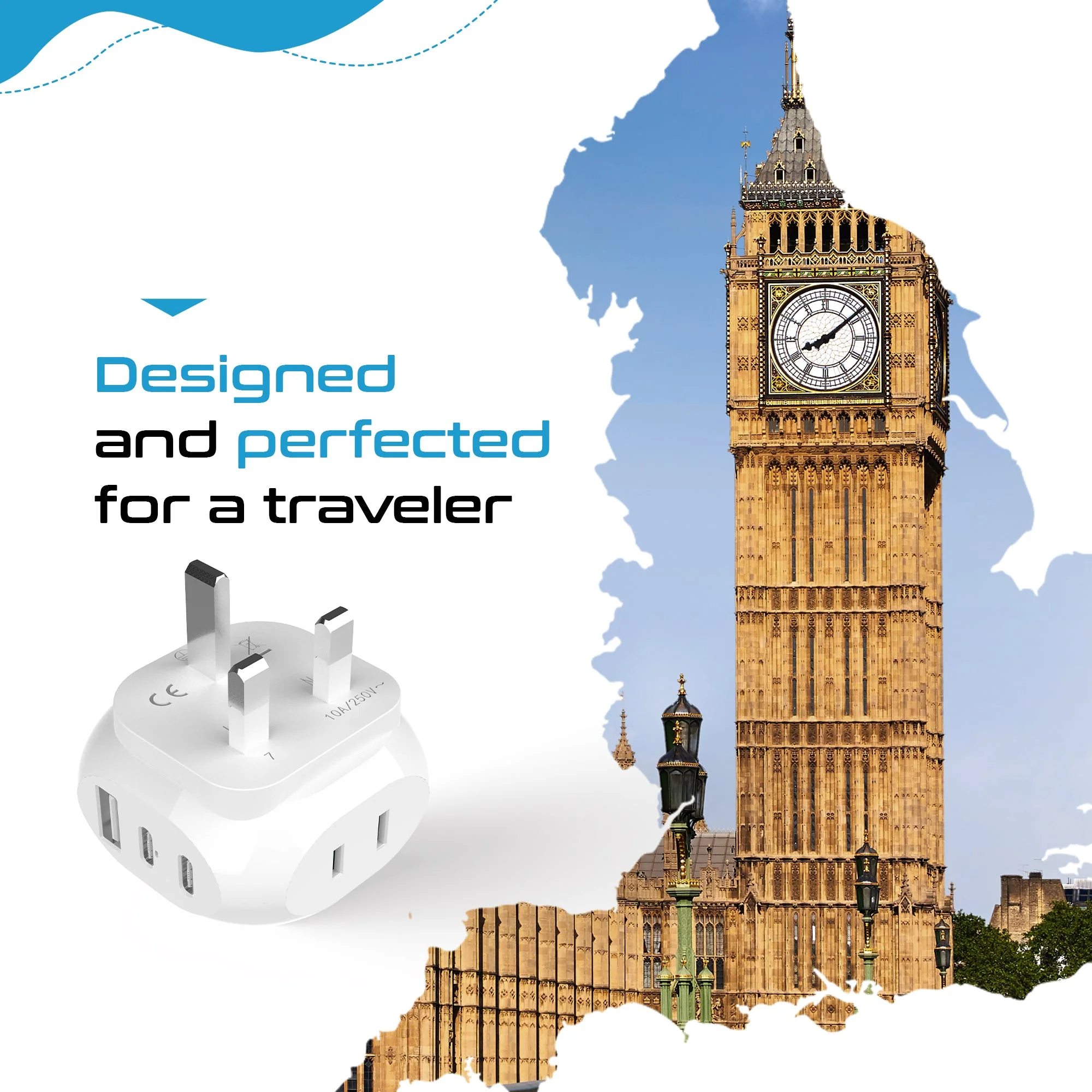 UK, England Travel Adapter Plug - Type G - 5 in 1 - Ultra Compact (PTU-7) - Image 4