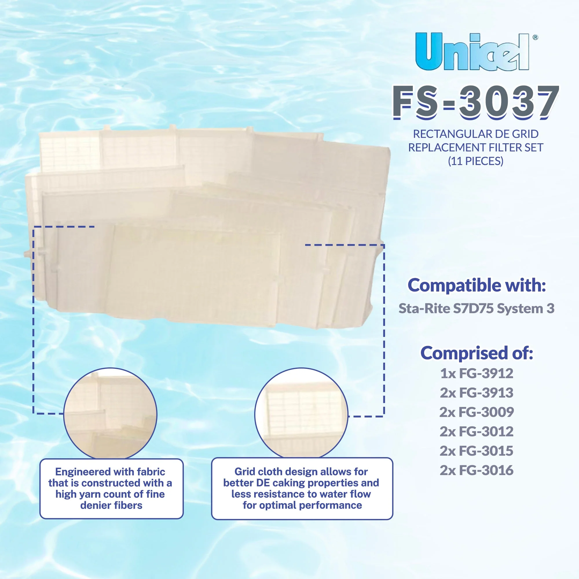 Unicel FS-3037 Replacement Rectangular DE Grid Pool Filter w/ Top Port, Full Set - Image 2