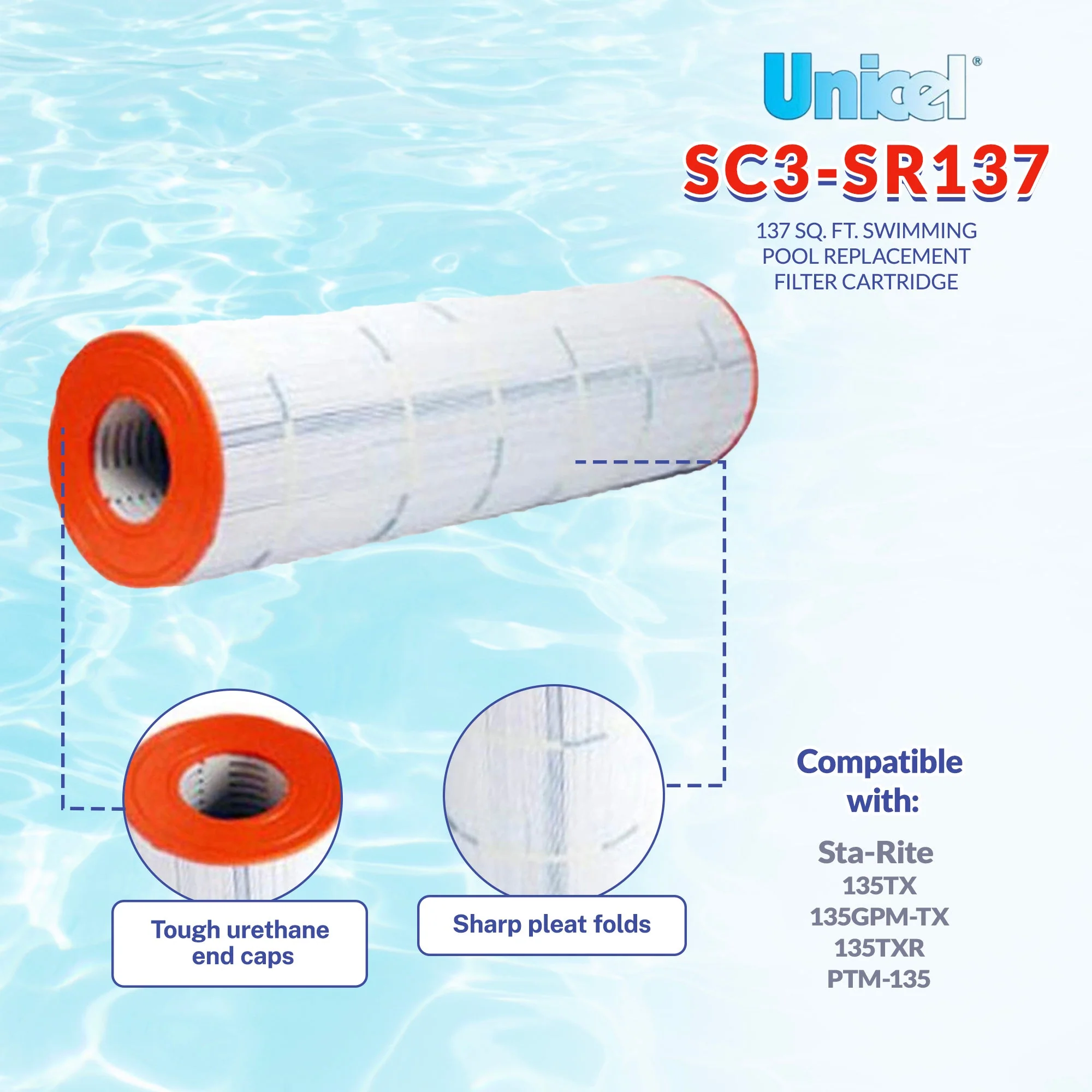 Unicel SC3-SR137 137 Square Foot 3 Oz Media Pool Filter Cartridge, 216 Pleats - Image 6