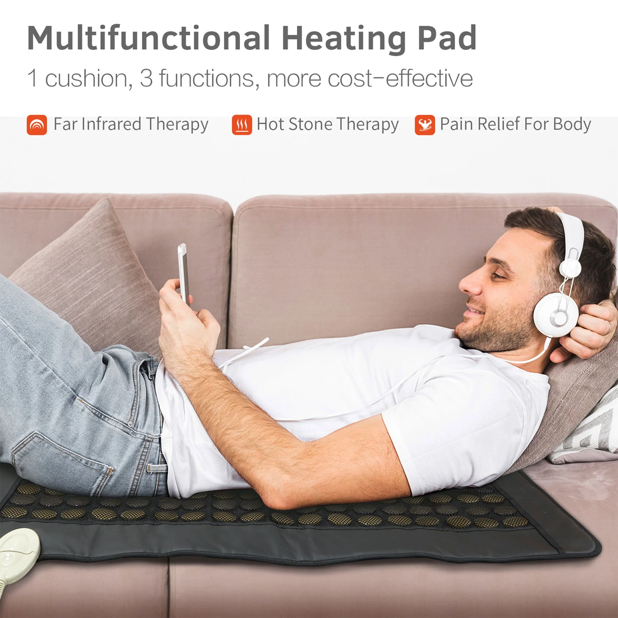 UTK 21" x 38" Tourmaline Stone Infrared Pain Relief Heating Mat w/ Remote, Black - Image 6