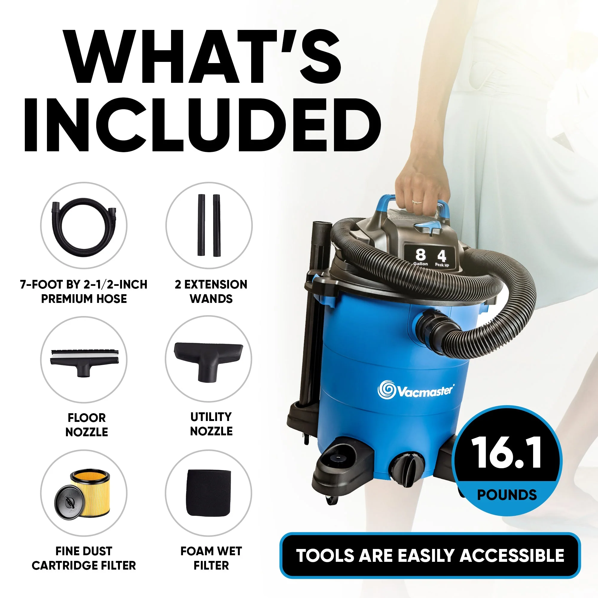Vacmaster 8 Gallon 4 Peak HP Portable 2 in 1 Wet/Dry Vacuum & Attachments, Blue - Image 4