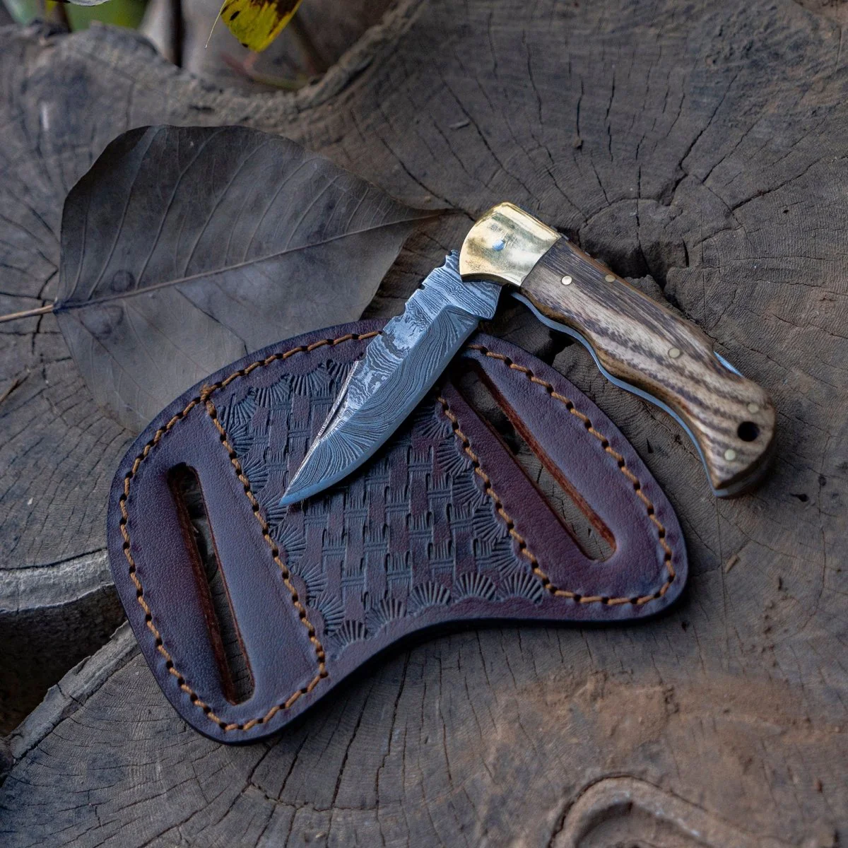 Vanguard Damascus Folding Knife with Charred Oak Handle - Image 4