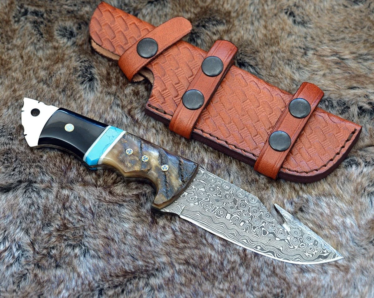Vertex Damascus Gut Hook Knife – Ram Horn Handle - Image 5