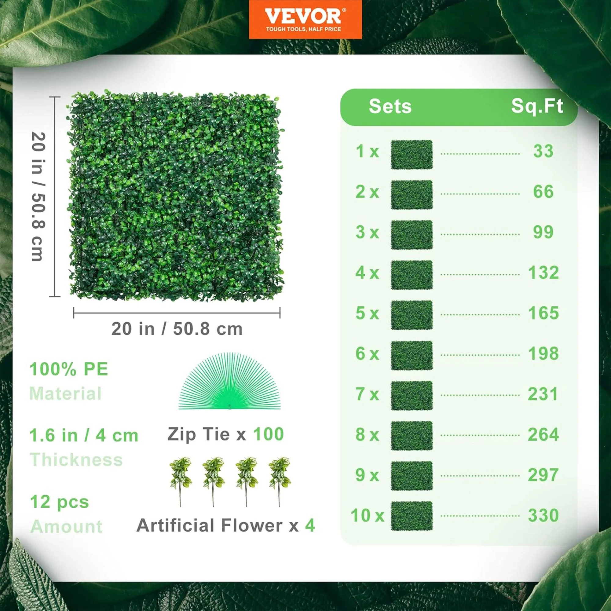VEVOR 12 Piece 20"x20" Artificial Boxwood Panels for Indoor & Outdoor Use, Green - Image 2