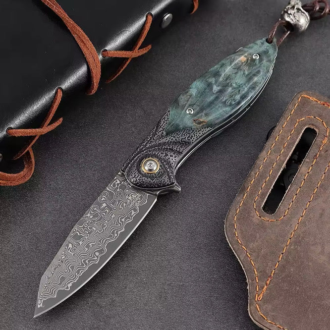 Viper Damascus EDC Pocket Knife – Maple Burl Handle