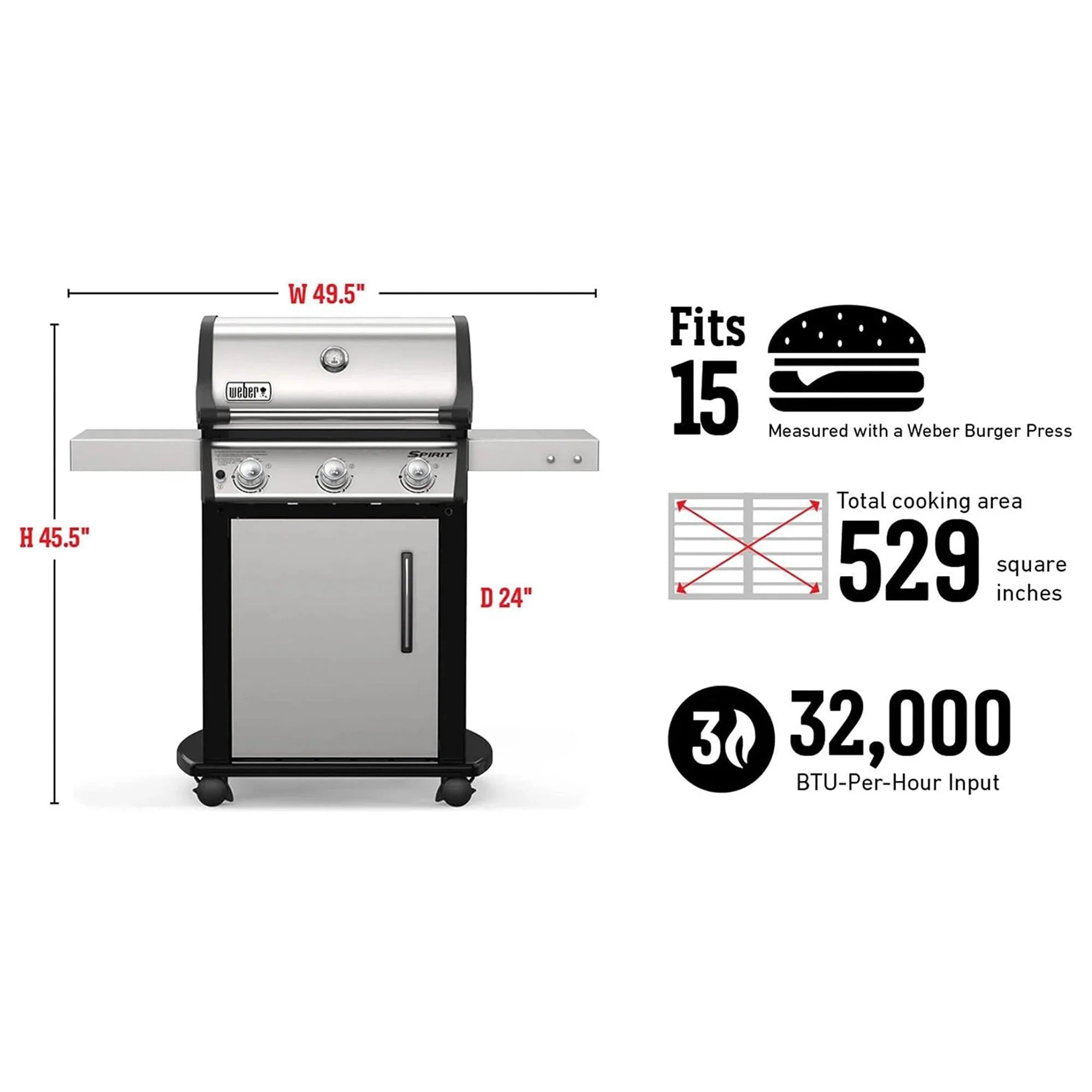 Weber Spirit S-315 Stainless Steel 3 Burner 32,000 BTUs Liquid Propane Gas Grill - Image 5