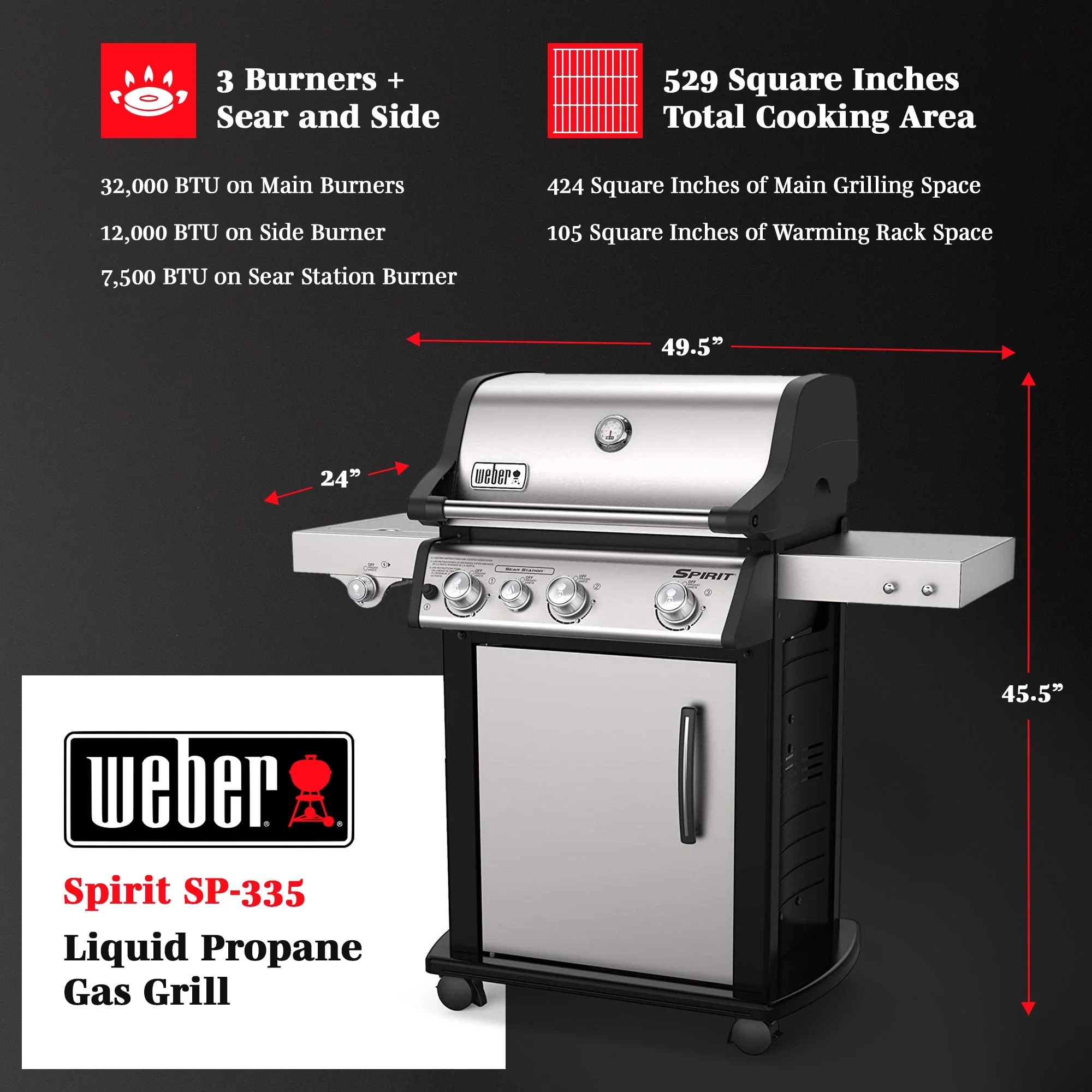 Weber Spirit SP-335 Stainless Steel 3 Burner 32000 BTUs Liquid Propane Gas Grill - Image 4
