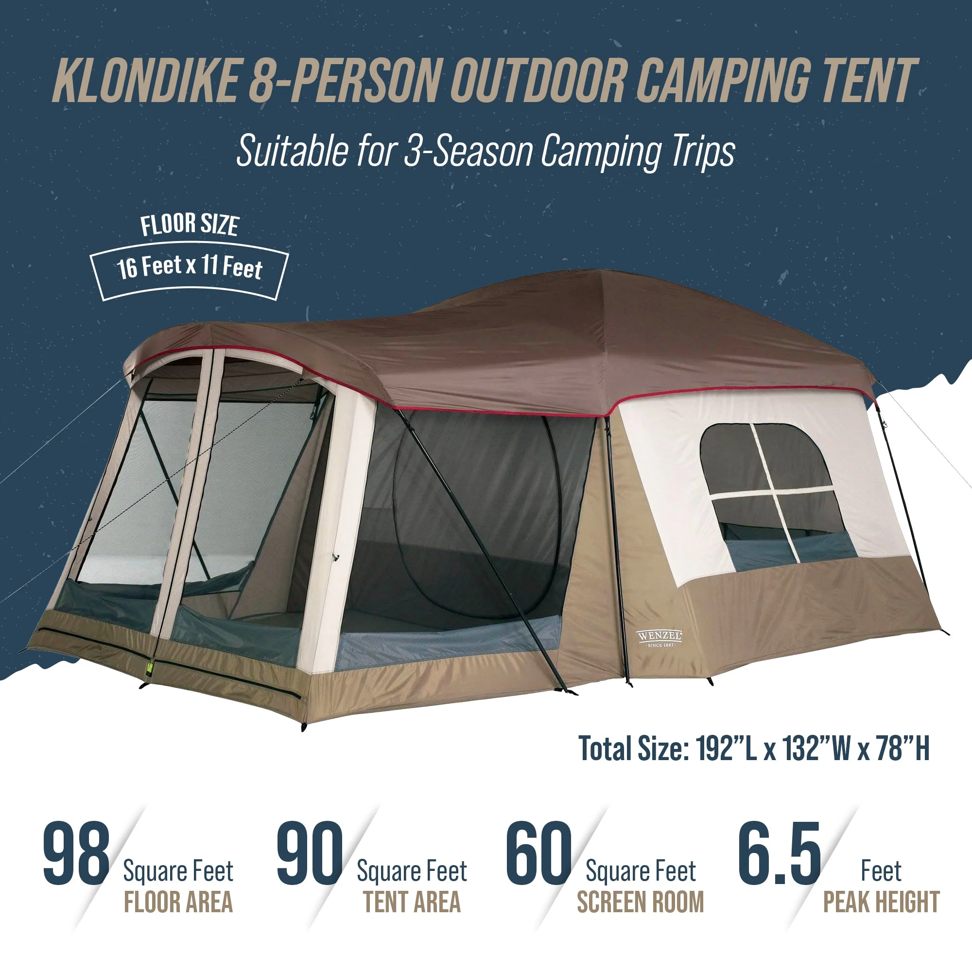 Wenzel Klondike 16' x 11' 8 Person Outdoor Camping Tent with Screen Room, Brown - Image 3