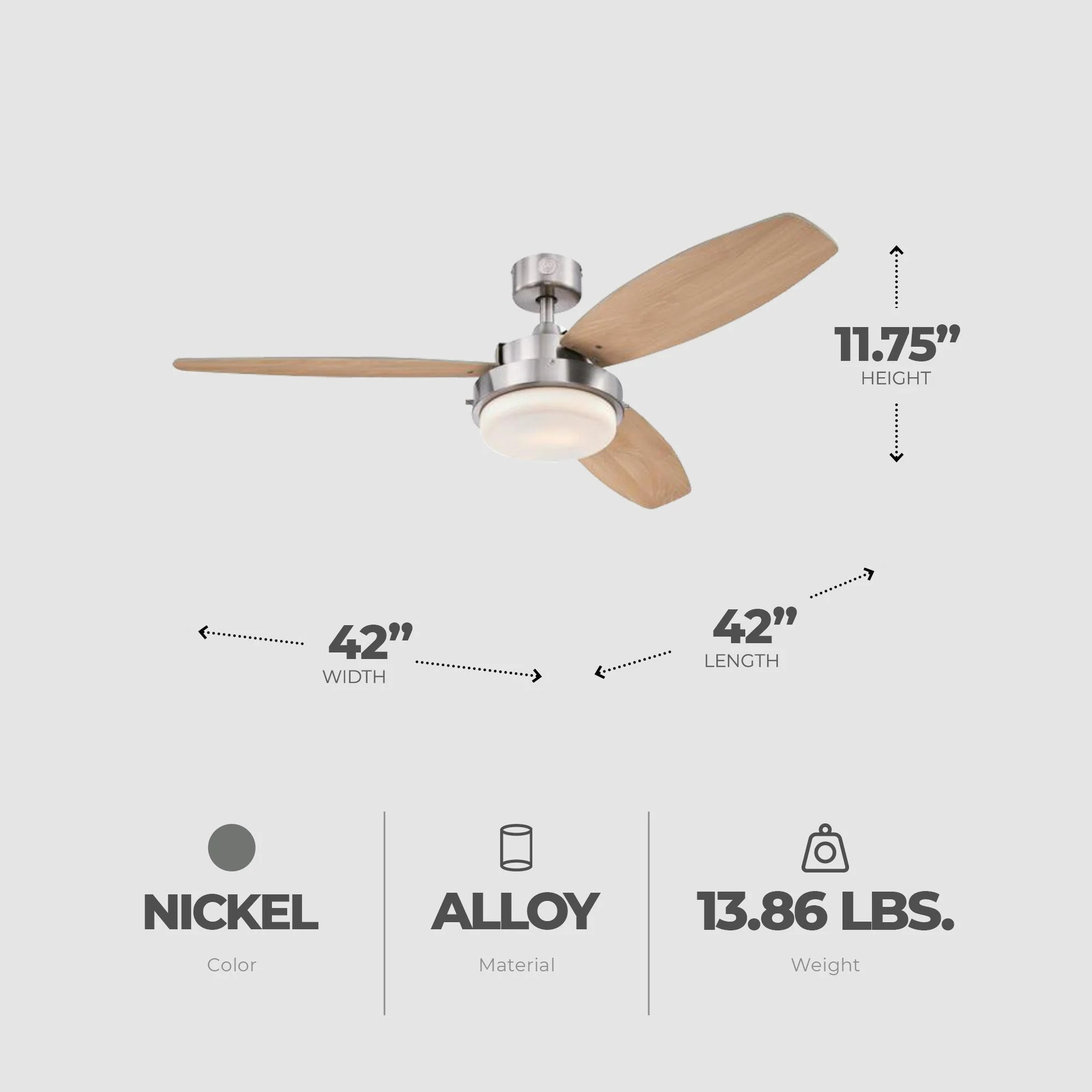 Westinghouse 42 Inch Alloy Ceiling Fan with Brushed Nickel and Reversible Blades - Image 3