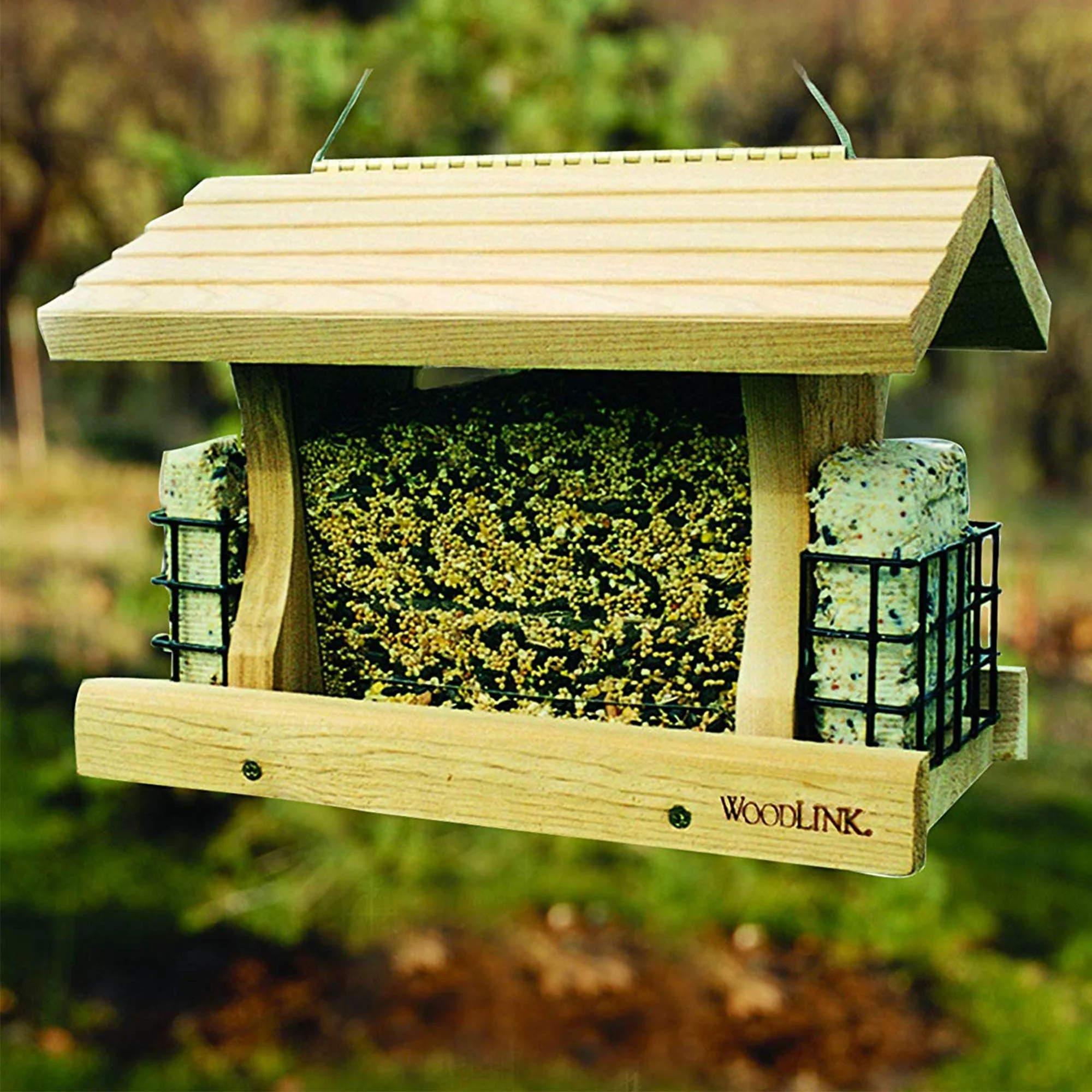 Woodlink Deluxe Cedar Wood Hanging Bird Feeder with Cable and Suet Cages, Brown - Image 8