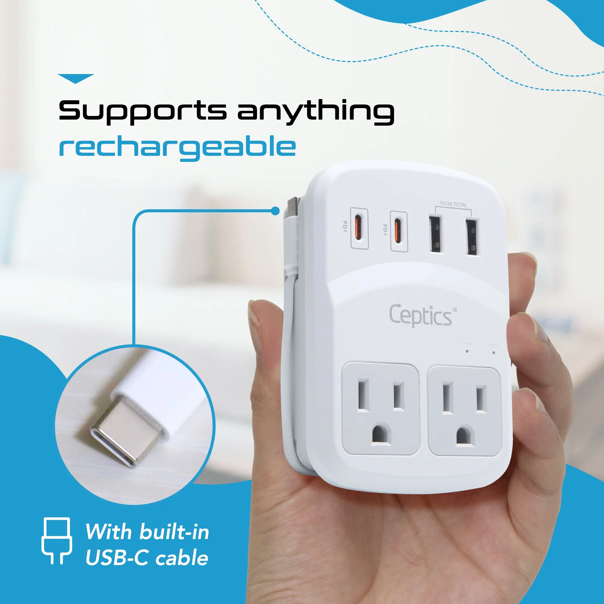 World-Way 6 Travel Adapter Kit | 2 USB-A + 2USB-C + 2 US Outlets - Grounded (WPS-5B) - Image 5