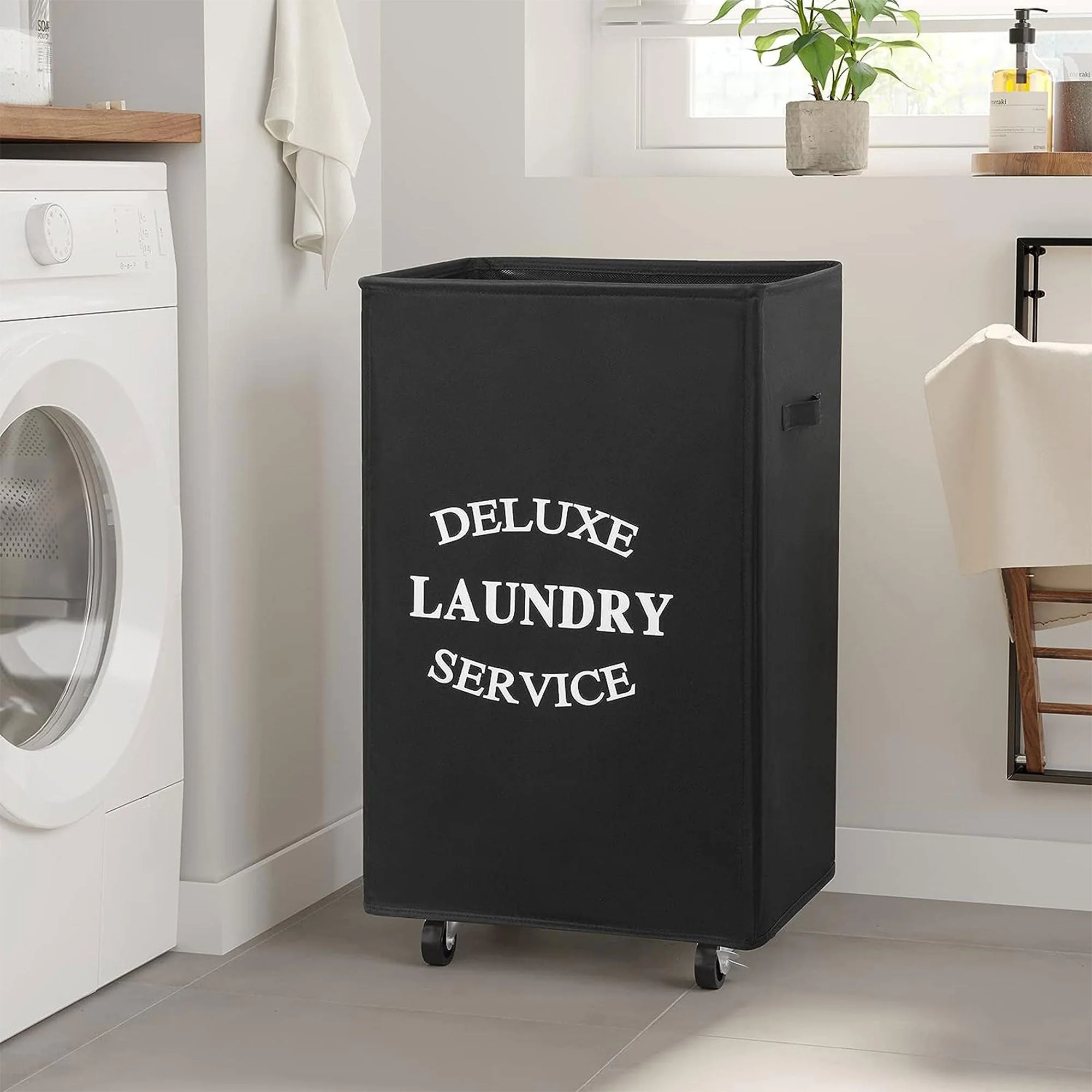 WOWLIVE 90L Foldable Rectangular Deluxe Laundry Service Rolling Basket, Black - Image 11