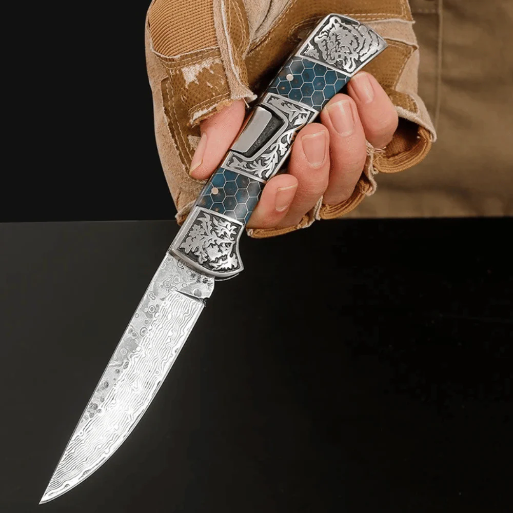 Wraith Damascus Pocket Knife with Honeycomb Resin Handle - Image 2
