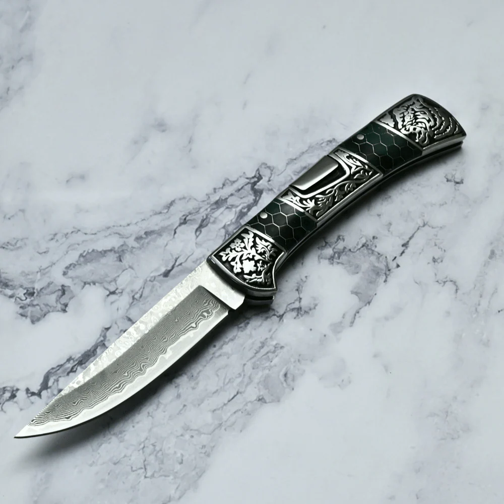 Wraith Damascus Pocket Knife with Honeycomb Resin Handle - Image 3