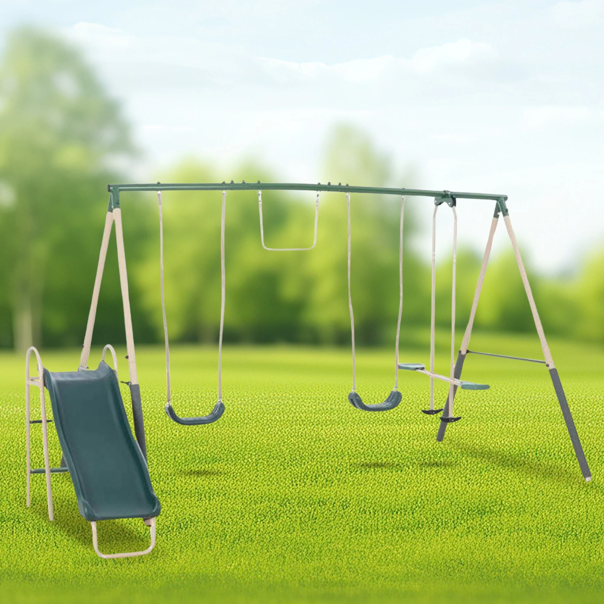 XDP Recreation Outdoor Central Park Swing Set w/ Slide, Glider, & Trapeze, Green - Image 3
