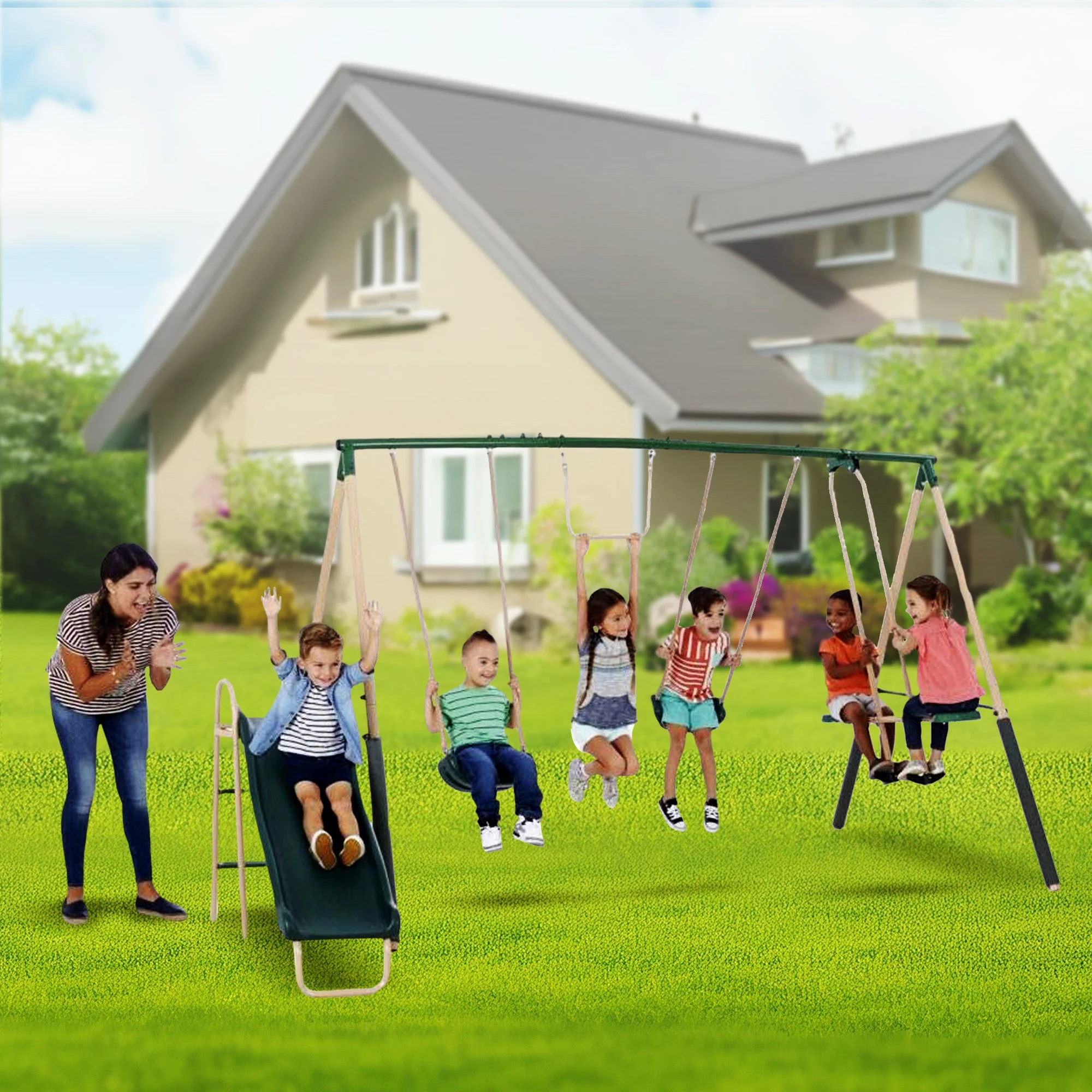 XDP Recreation Outdoor Central Park Swing Set w/ Slide, Glider, & Trapeze, Green - Image 4