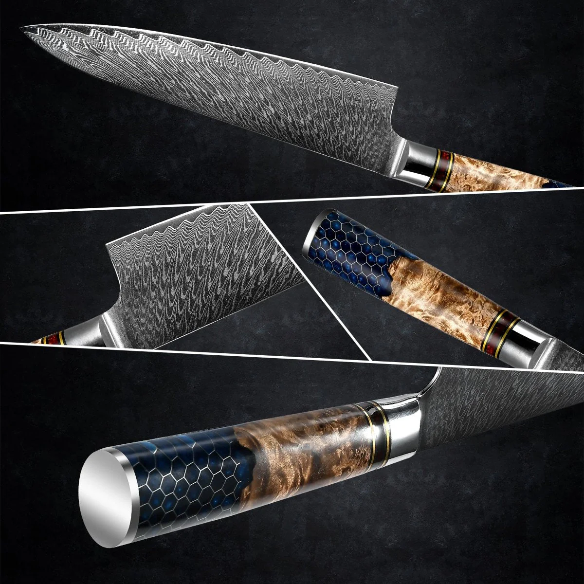 Yamato Damascus Chef Knife – Olive Burl & Honeycomb Handle - Image 4