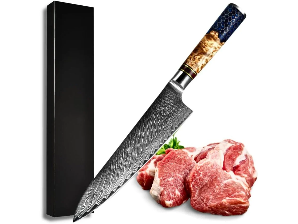 Yamato Damascus Chef Knife – Olive Burl & Honeycomb Handle - Image 5