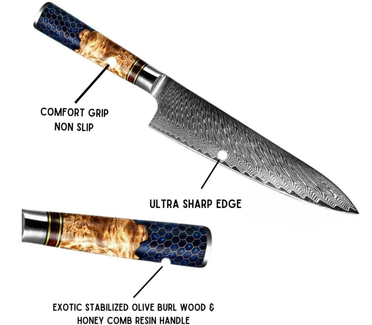 Yamato Damascus Chef Knife – Olive Burl & Honeycomb Handle - Image 7