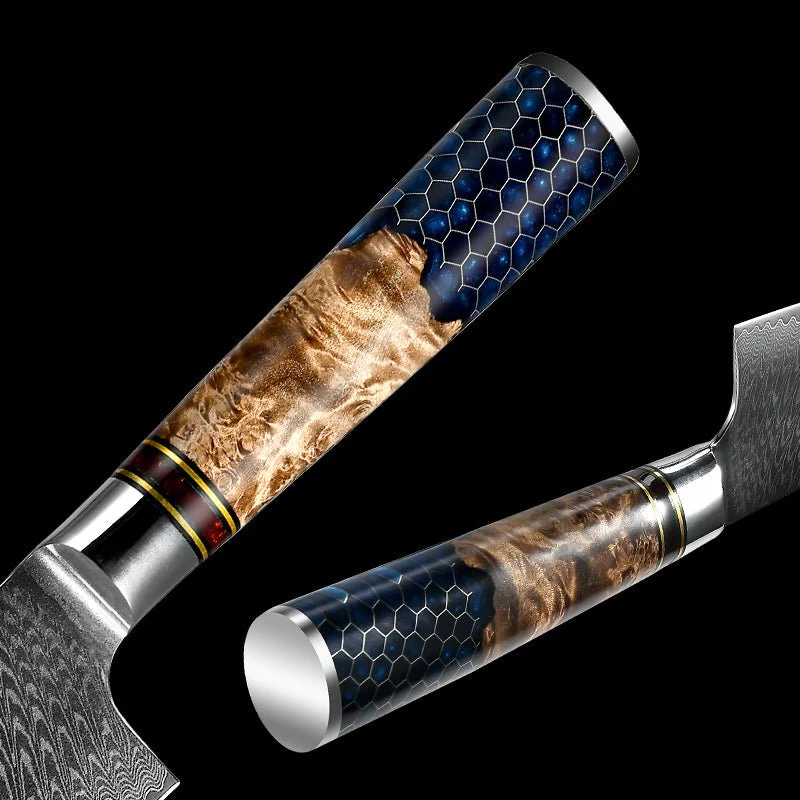 Yamato Damascus Chef Knife – Olive Burl & Honeycomb Handle - Image 9