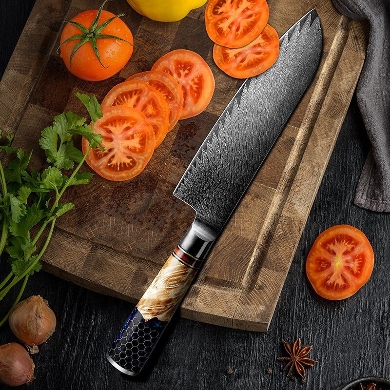 Yamato Damascus Chef Knife with Olive Wood & Resin Handle - Image 7