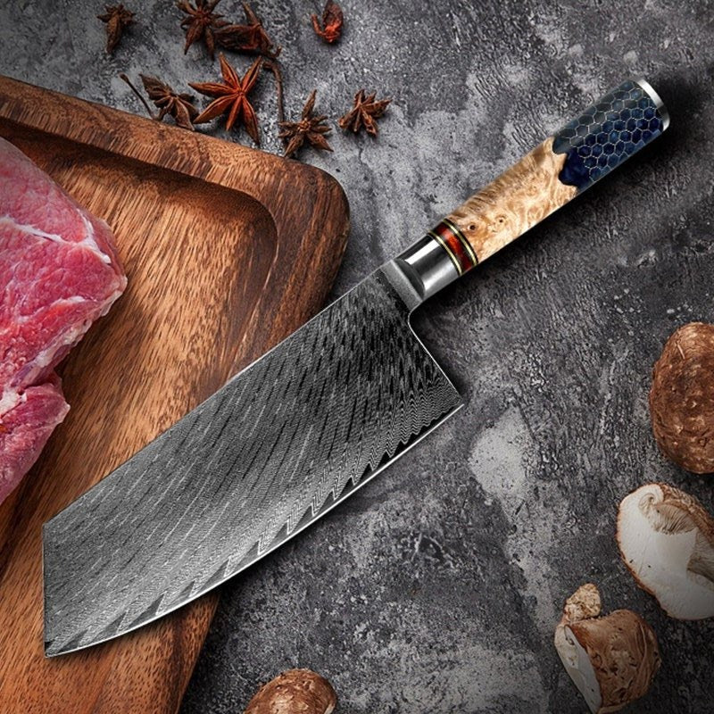 Yamato VG10 Damascus Cleaver – Olive Wood & Honeycomb Handle - Image 2