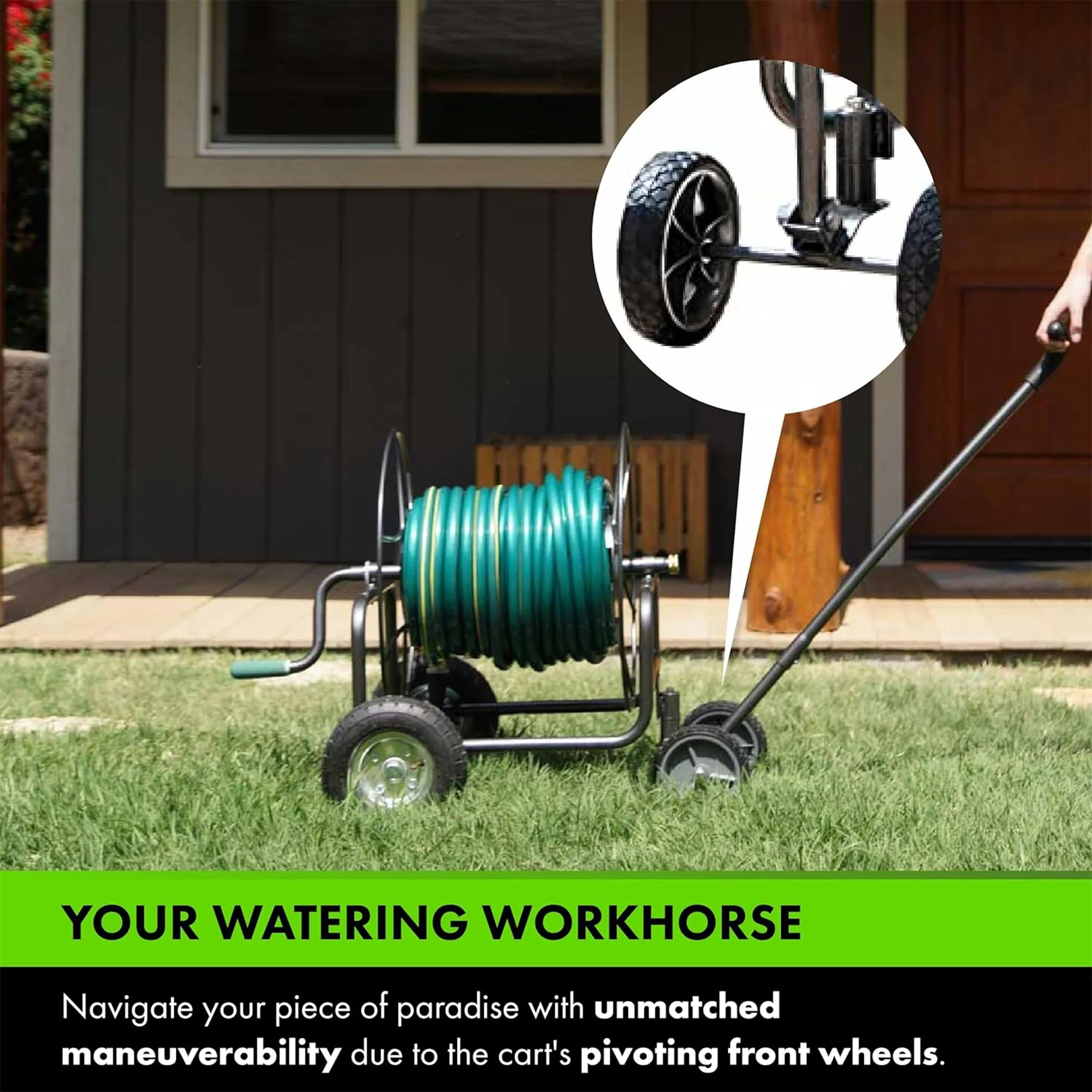 Yard Butler 4 Wheel Heavy Duty Steel Hose Truck Holds 400 Feet of Hose, Black - Image 6