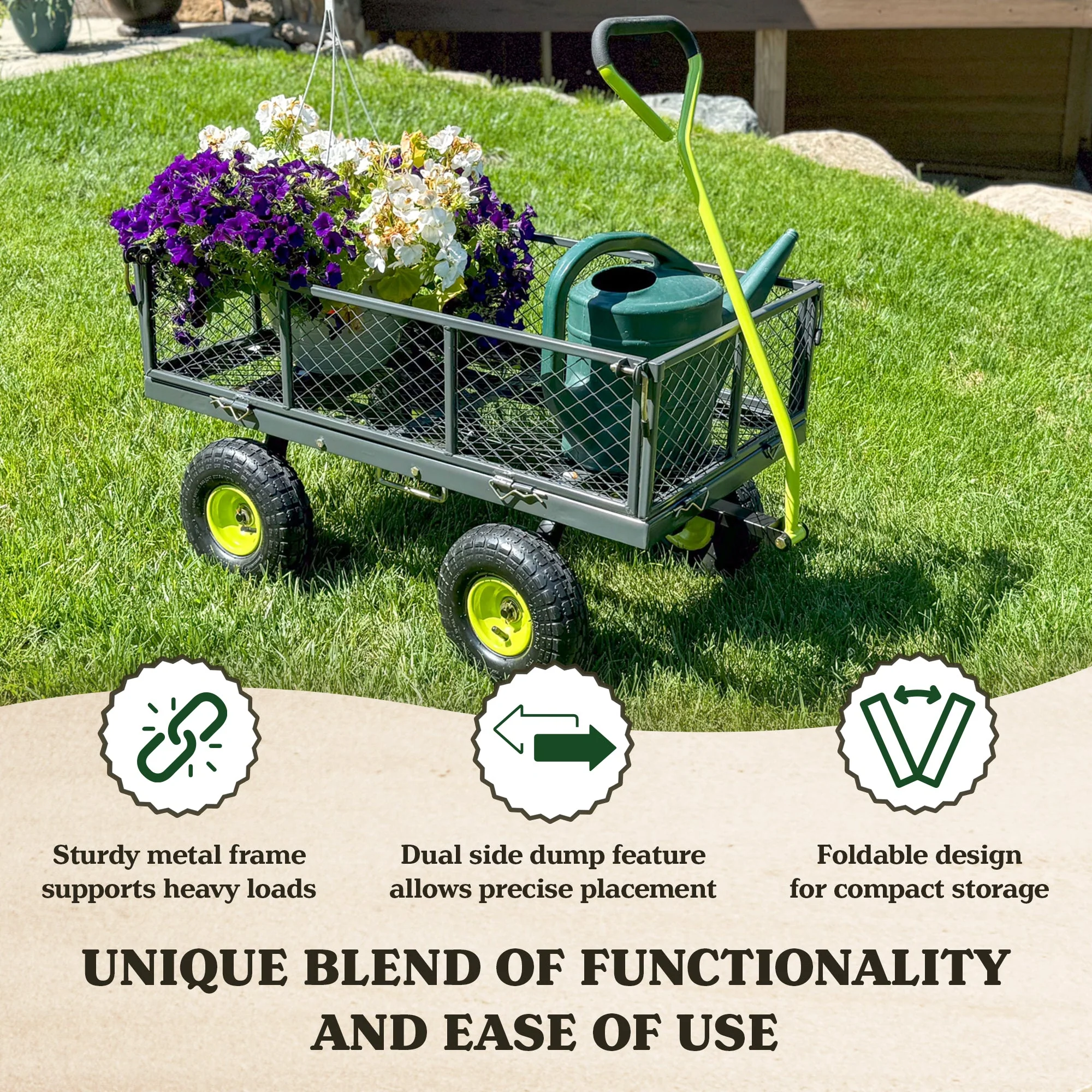 Yard Tuff 3 in 1 Dual-Side Dump Utility Wagon for Garden with Fold-Down Sides - Image 2